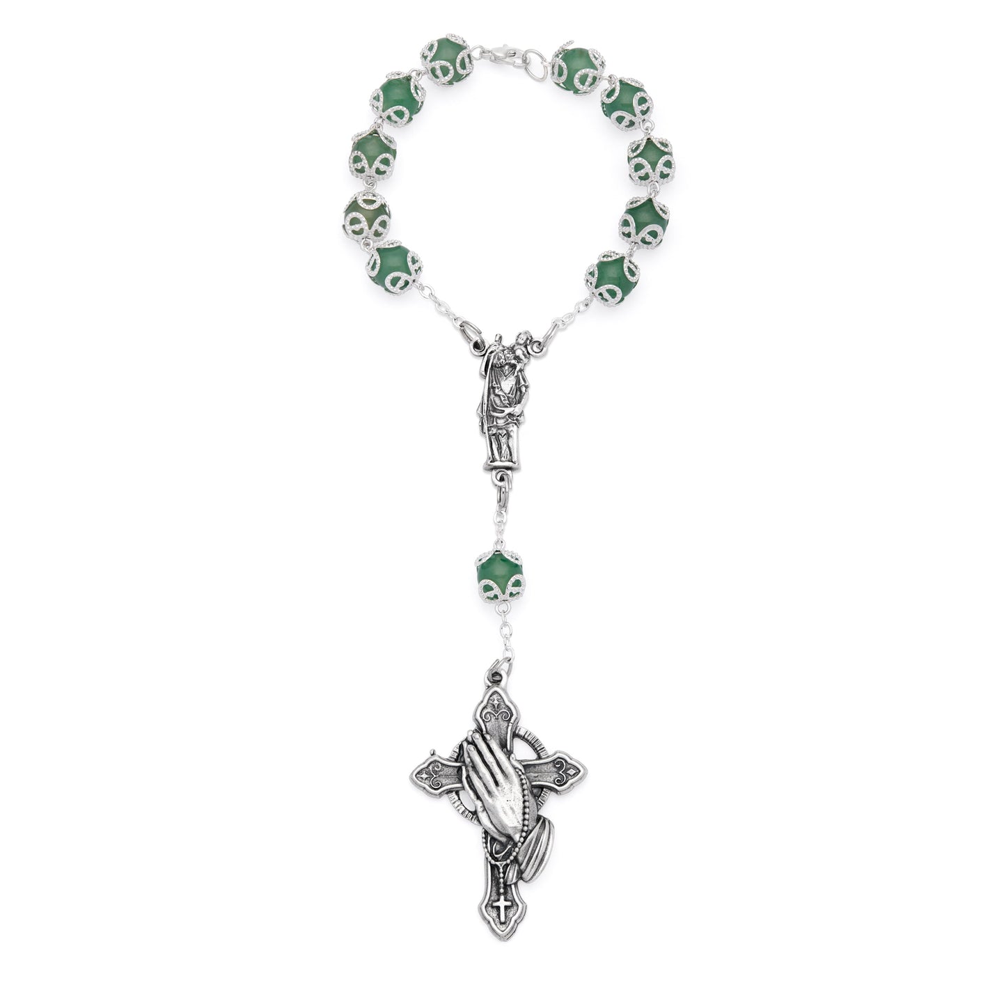 MONDO CATTOLICO ROMA Rosary 20 cm (7.87 in) / 8 cm (3.15 in) / 8 mm (0.31 in) Aventurine One-Decade Rosary Bracelet with St. Joseph and Praying Hands Cross