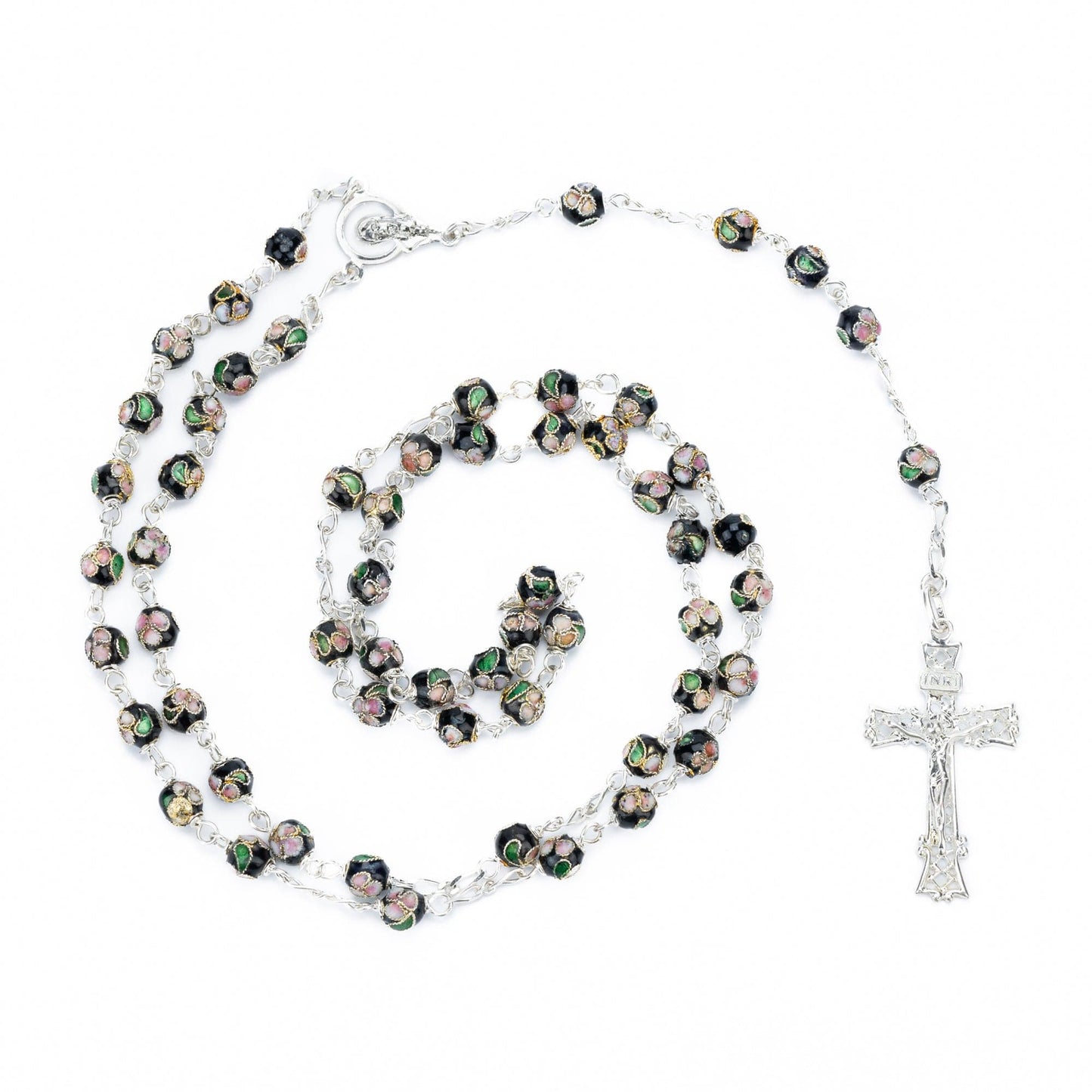 MONDO CATTOLICO Prayer Beads BLACK CLOISONNE' SILVER ROSARY