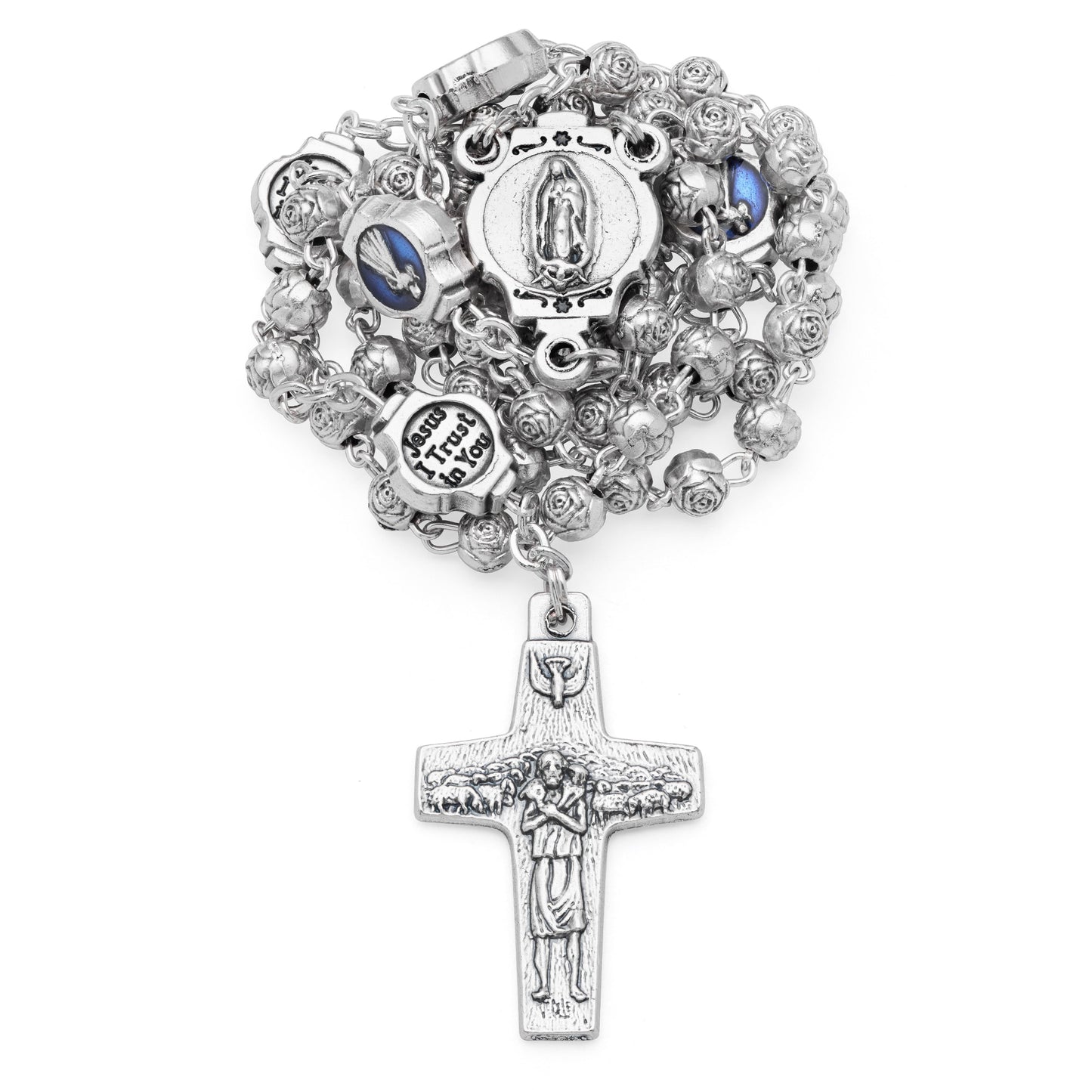 MONDO CATTOLICO ROMA Rosary Box 4x4.5 cm (1.57x1.77 in) / 4 mm (0.15 in) / 39 cm (15.35 in) Blue Enameled Merciful Jesus Rosary Case With Rose-shaped Beads Rosary