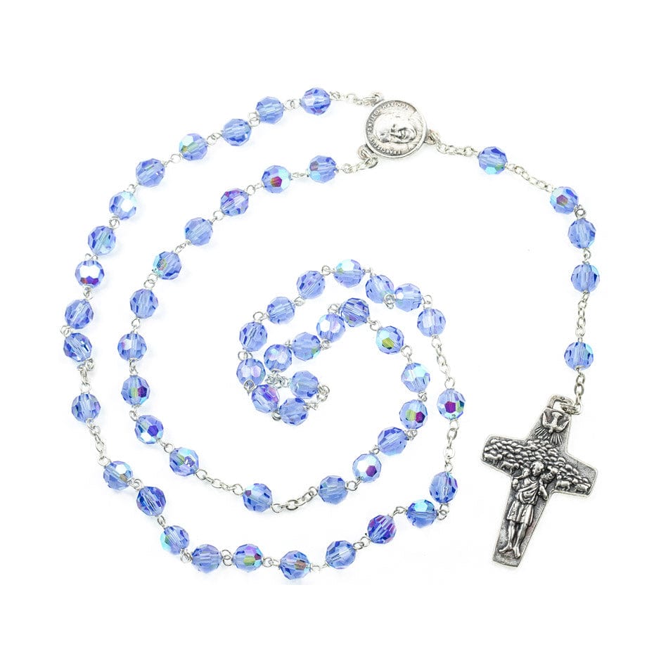 MONDO CATTOLICO Prayer Beads 48 cm (18.9 in) / 6 mm (0.23 in) Blue Faceted Crystal Rosary Beads with Pope Francis