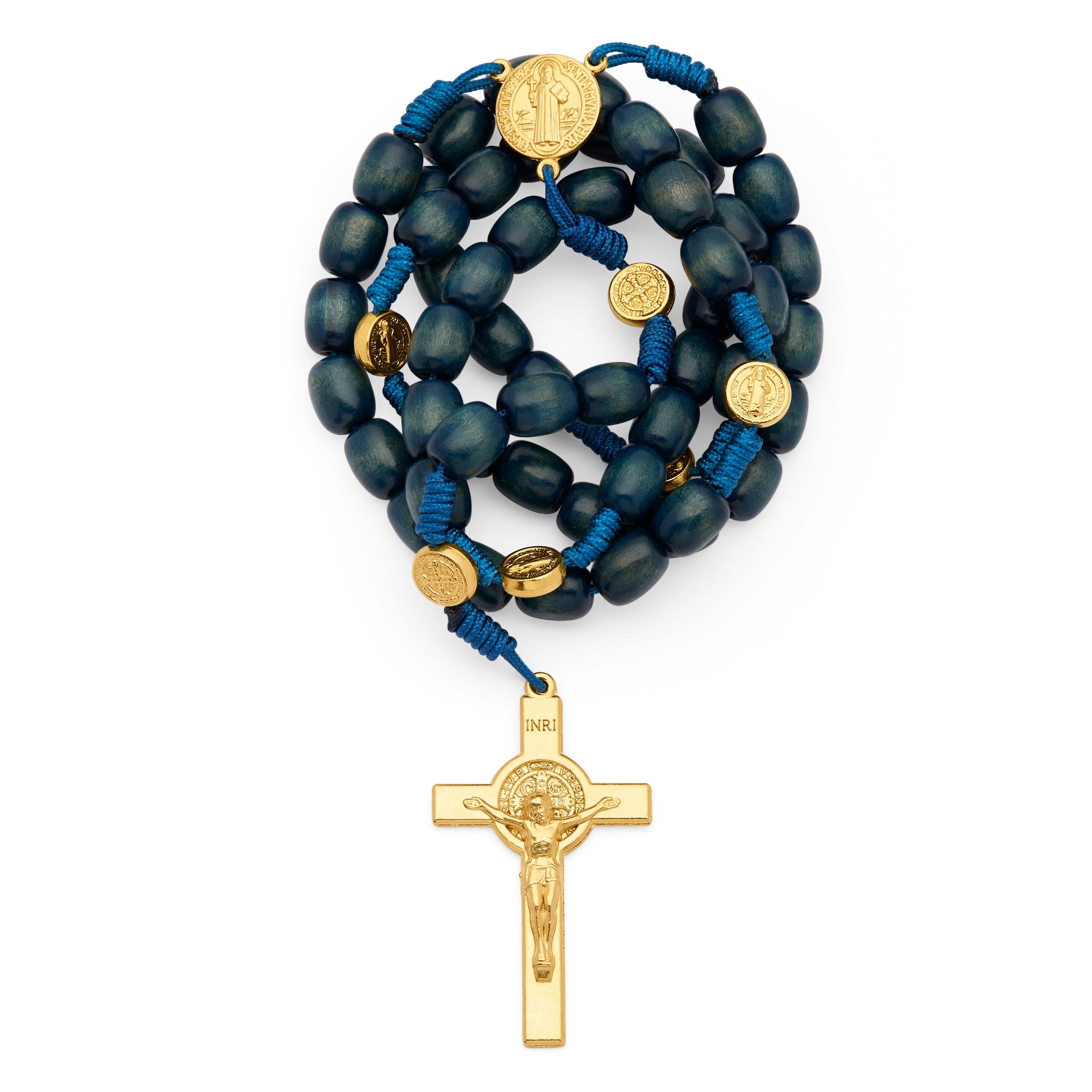 Chapelet Collier Saint Benoît Plaqué Or – Perles Cristal Bleu Profond 10 Mm, Médaille Miraculeuse & Croix Saint Benoît, Sac Velours – Bijou Catholique Communion
