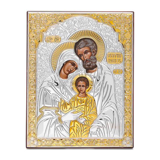 Mondo Cattolico Colored Wooden Icon of the Holy Family With Bilaminate Sterling Silver Plaque and Golden Details