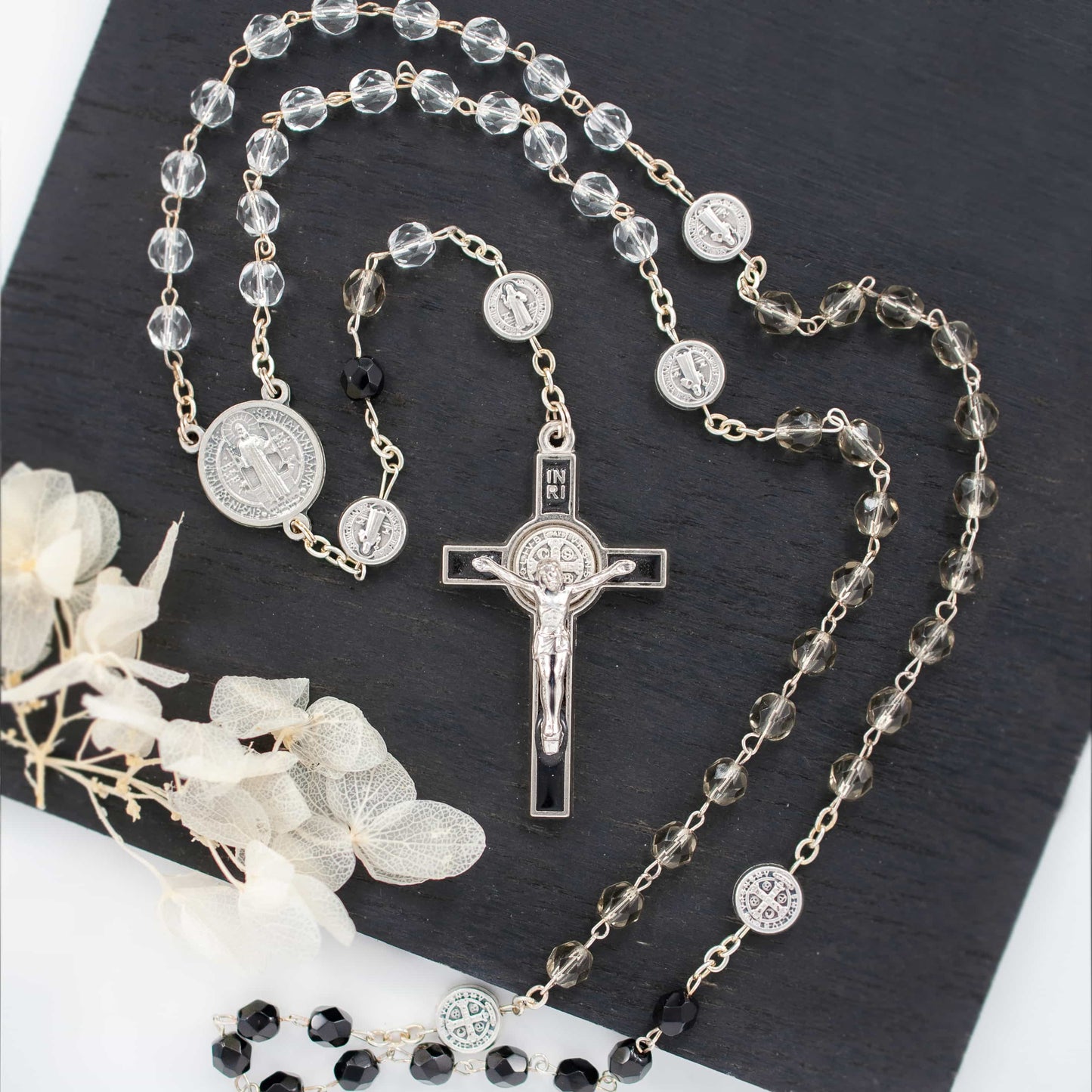 MONDO CATTOLICO Prayer Beads Crystal beads Rosary of Saint Benedict Enameled Cross