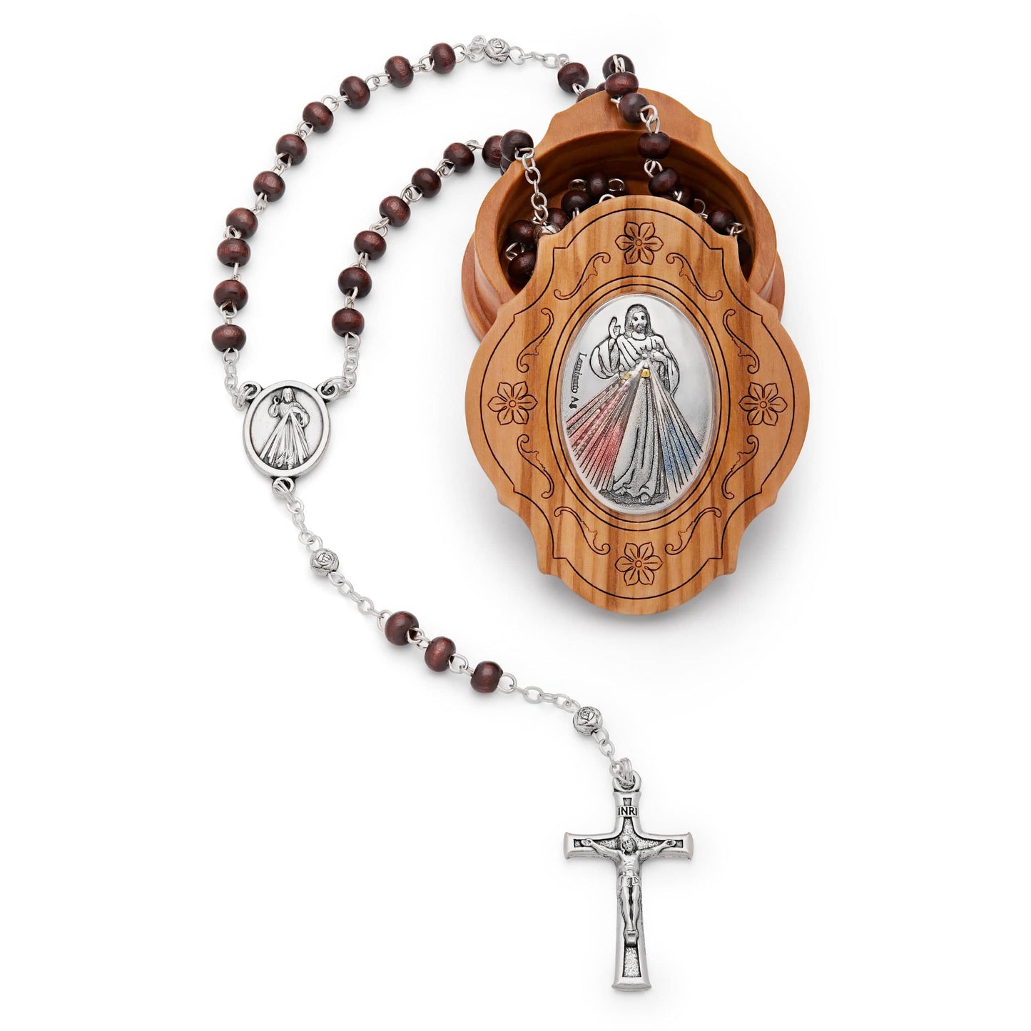 MONDO CATTOLICO Prayer Beads 38 cm (15 in) / 4 mm (0.15 in) Divine Mercy Keepsake Wooden Case and Rosary