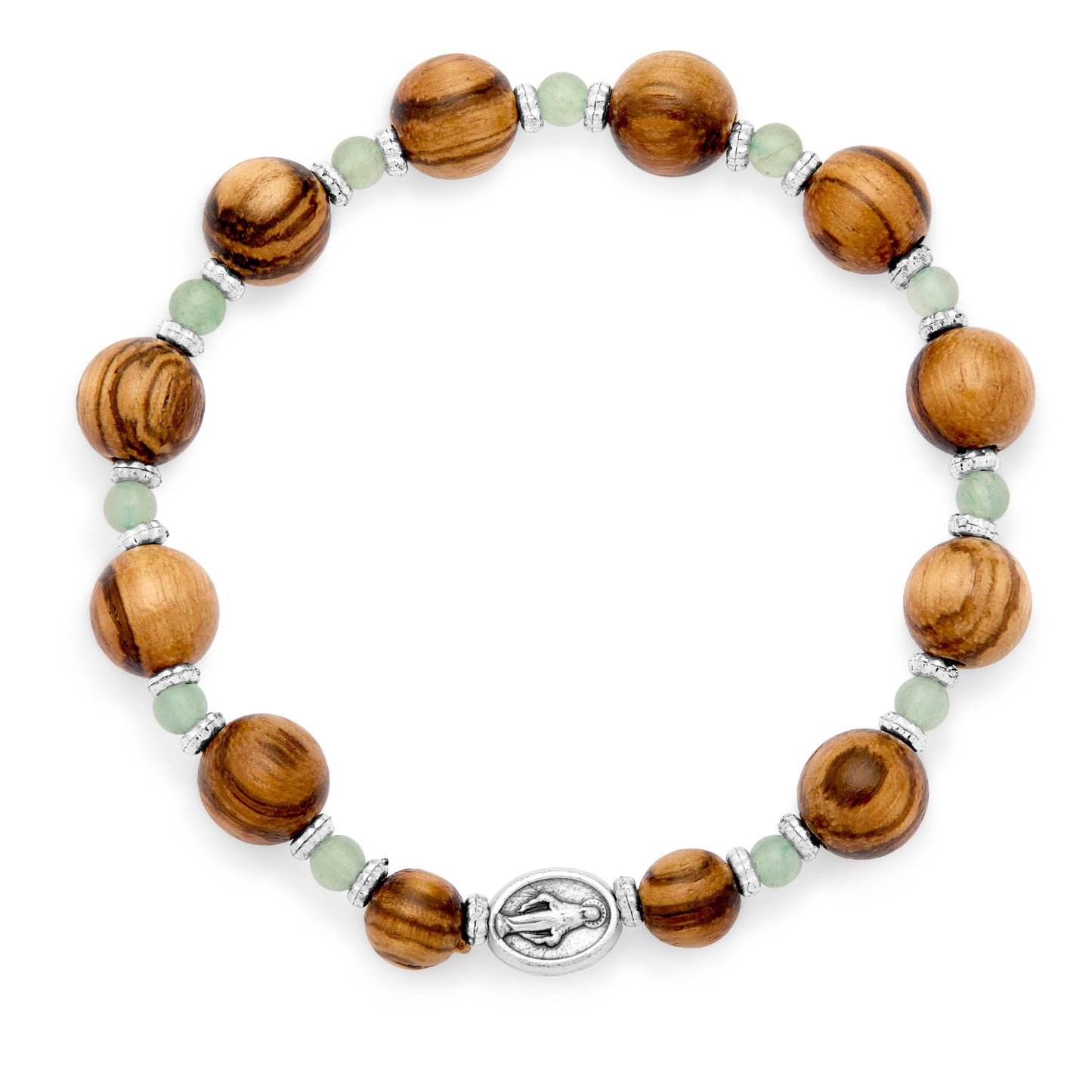 Mondo Cattolico Bracelet Adjustable Elastic Wooden Bracelet With Green Aventurine Crystals and Miraculous Medal