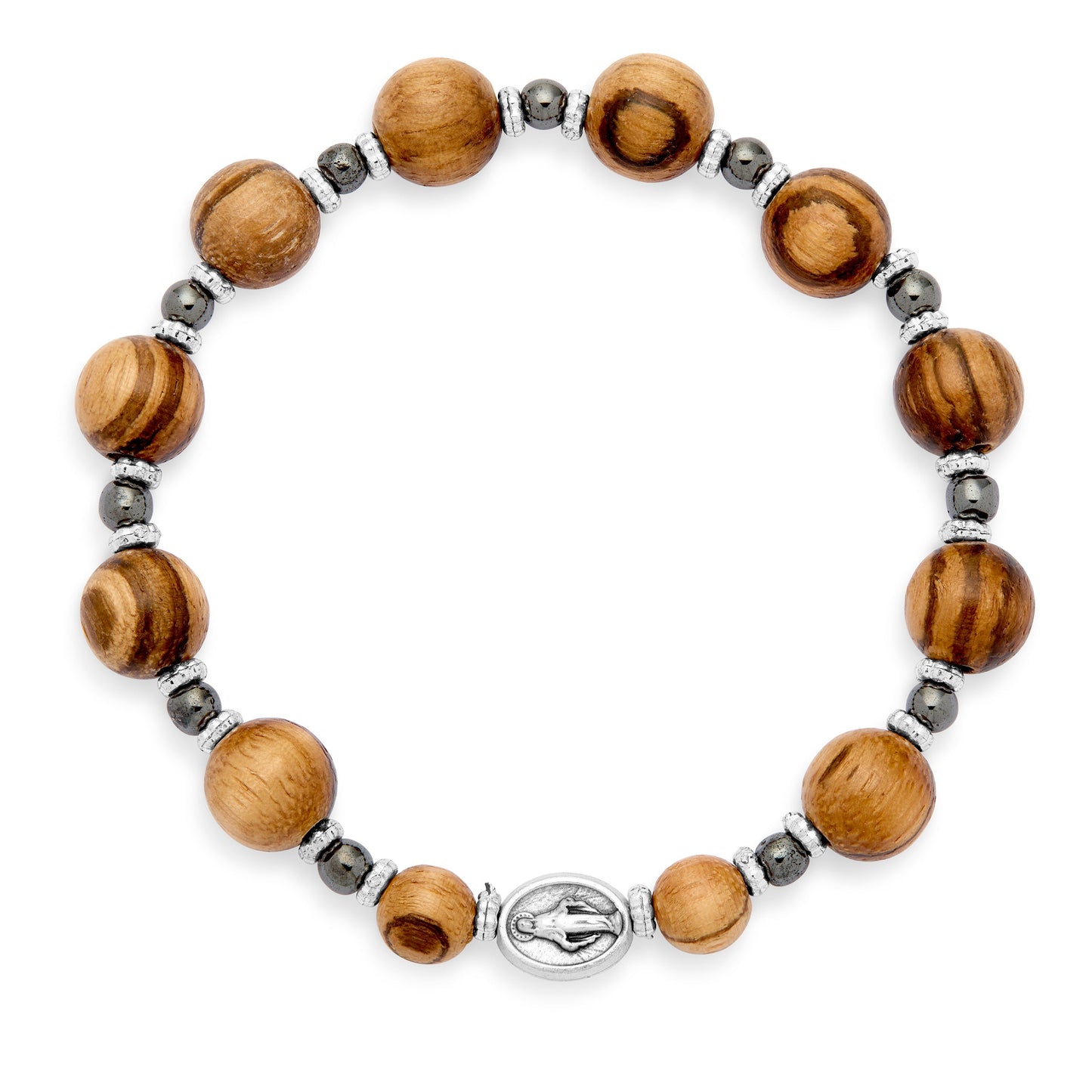 Mondo Cattolico Bracelet Adjustable Elastic Wooden Bracelet With Hematite Crystals and Miraculous Medal