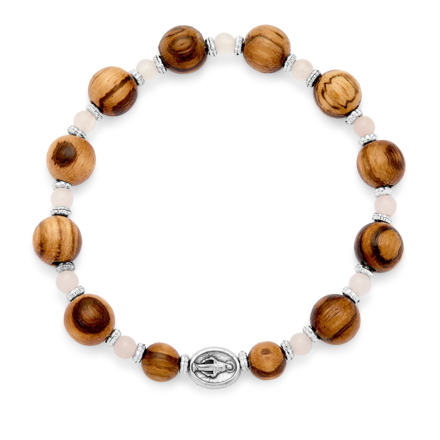 Mondo Cattolico Bracelet Adjustable Elastic Wooden Bracelet With Rose Quartz Crystals and Miraculous Medal
