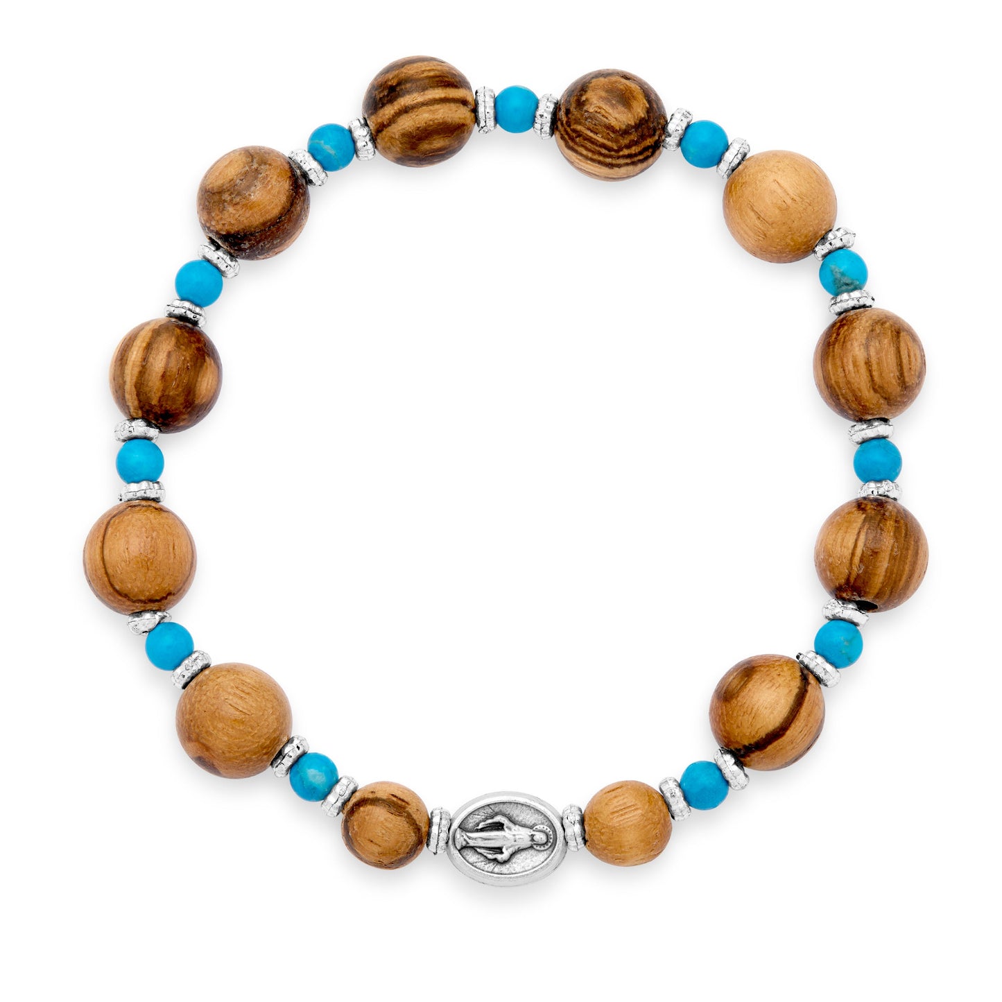 Mondo Cattolico Bracelet Adjustable Elastic Wooden Bracelet With Turquoise Crystals and Miraculous Medal