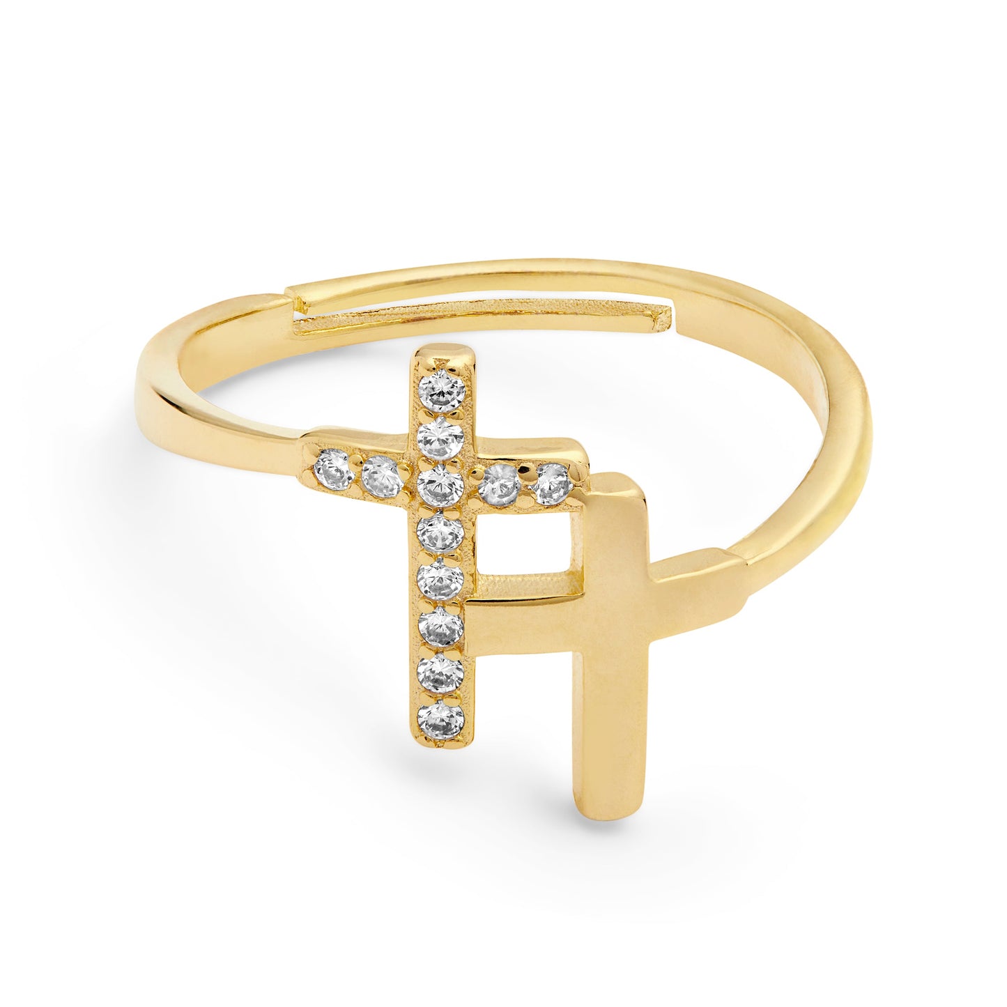 Mondo Cattolico Gold-plated Sterling Silver Adjustable Ring With Two Cubic Zirconia Crosses