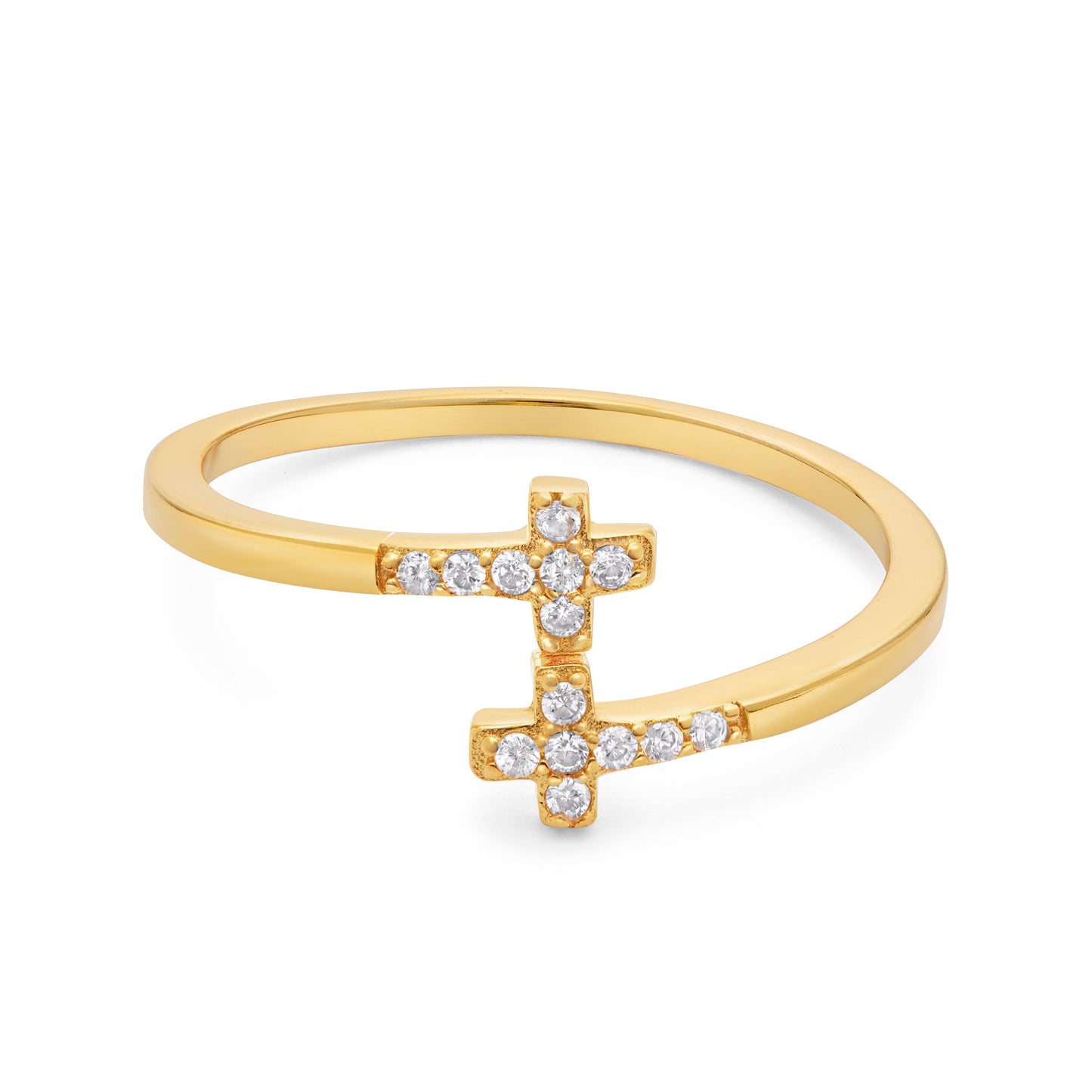 Mondo Cattolico Ring Adjustable Gold-plated Sterling Silver Adjustable Ring With Two Cubic Zirconia End Crosses