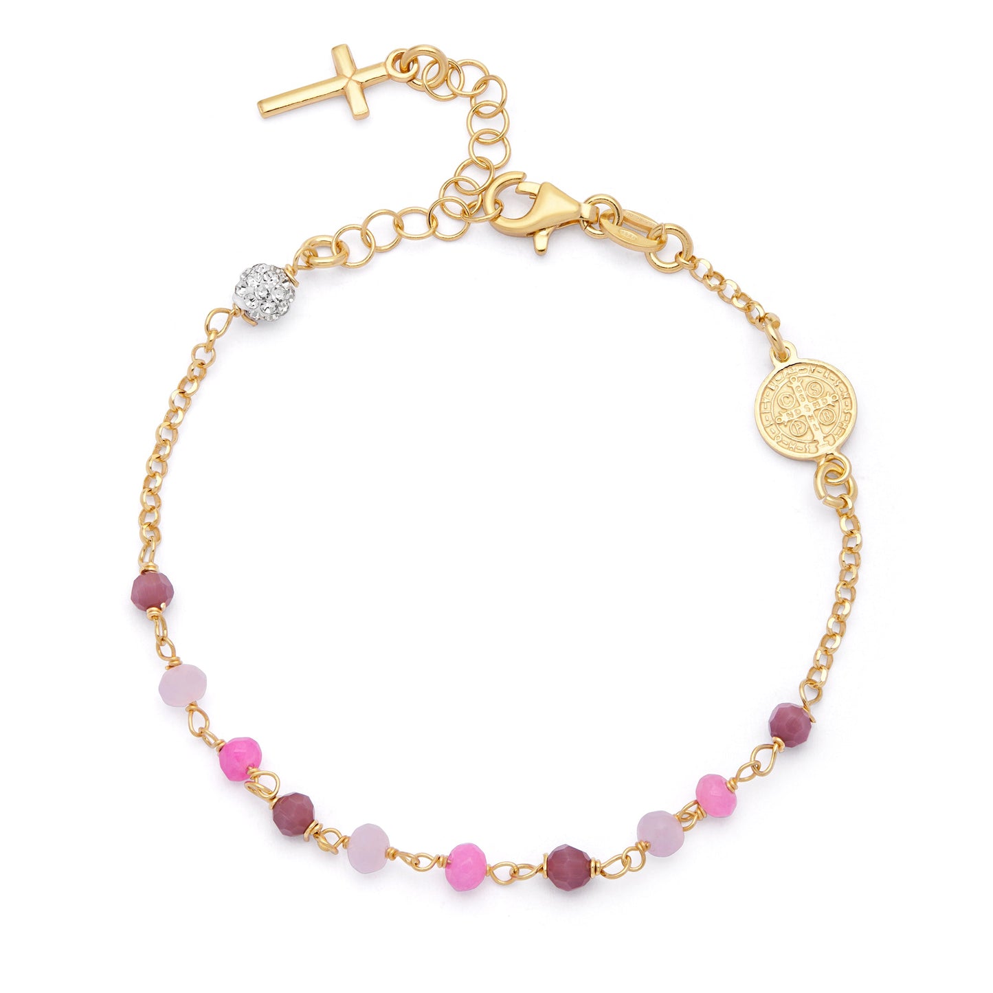 MONDO CATTOLICO ROMA Bracelet 17 - 20 cm (6.69 - 7.87 in) / 3 mm (0.12 in) Gold-plated Sterling Silver Bracelet With Pink Beads and St. Benedict Medal