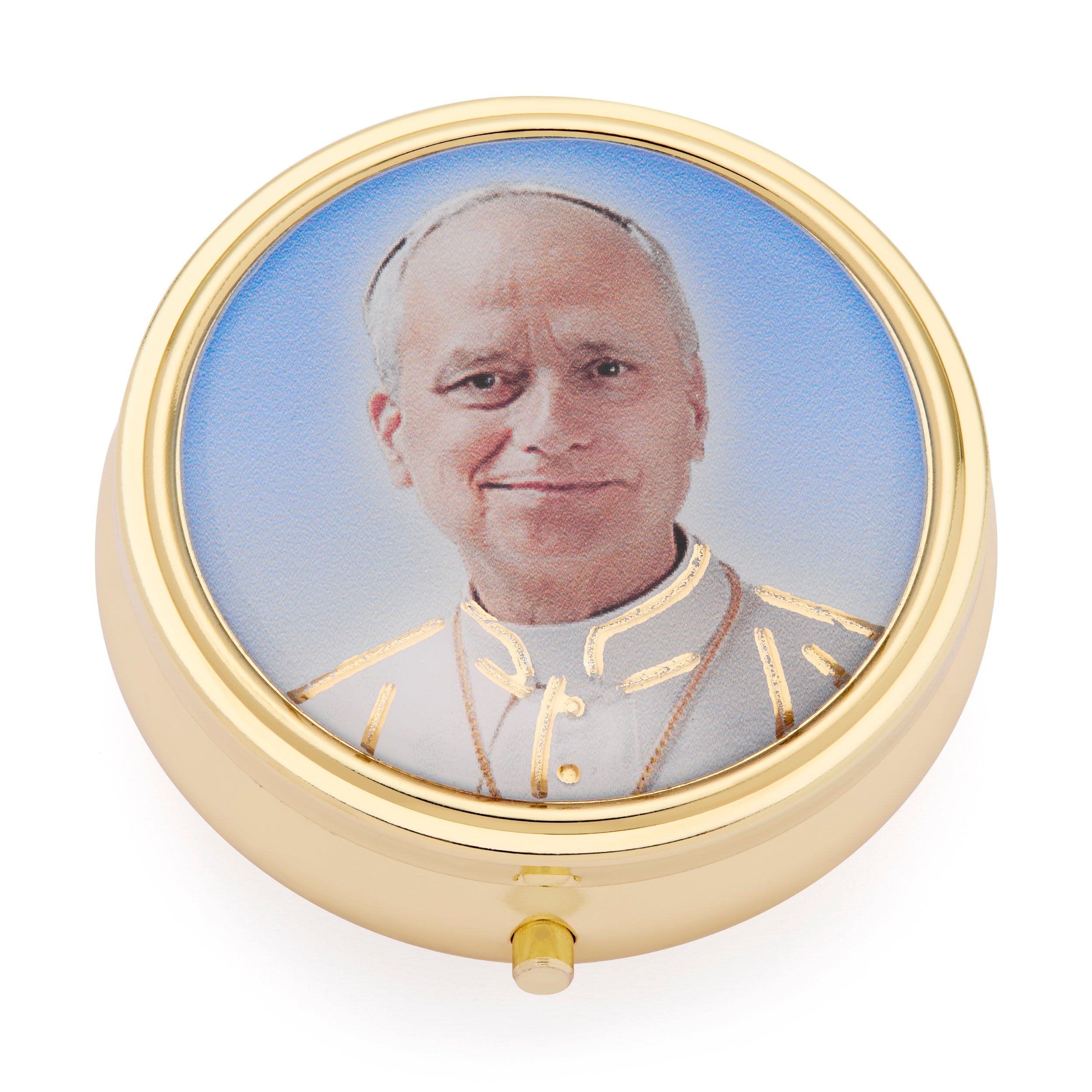 Gold-Tone Metal Pope Leo XIV Rosary Case with Light Blue Rosary
