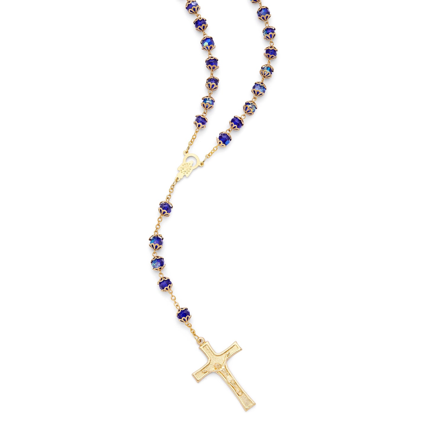 MONDO CATTOLICO ROMA Rosary 52 cm (20.47 in) / 72 cm (28.35 in) / 8 mm (0.31 in) Gold-Tone Metal Rosary With Blue Faceted Crystal Beads