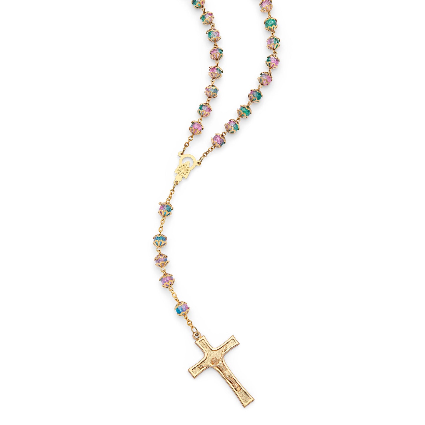 MONDO CATTOLICO ROMA Rosary 52 cm (20.47 in) / 72 cm (28.35 in) / 8 mm (0.31 in) Gold-Tone Metal Rosary With Green And Pink Faceted Crystal Beads