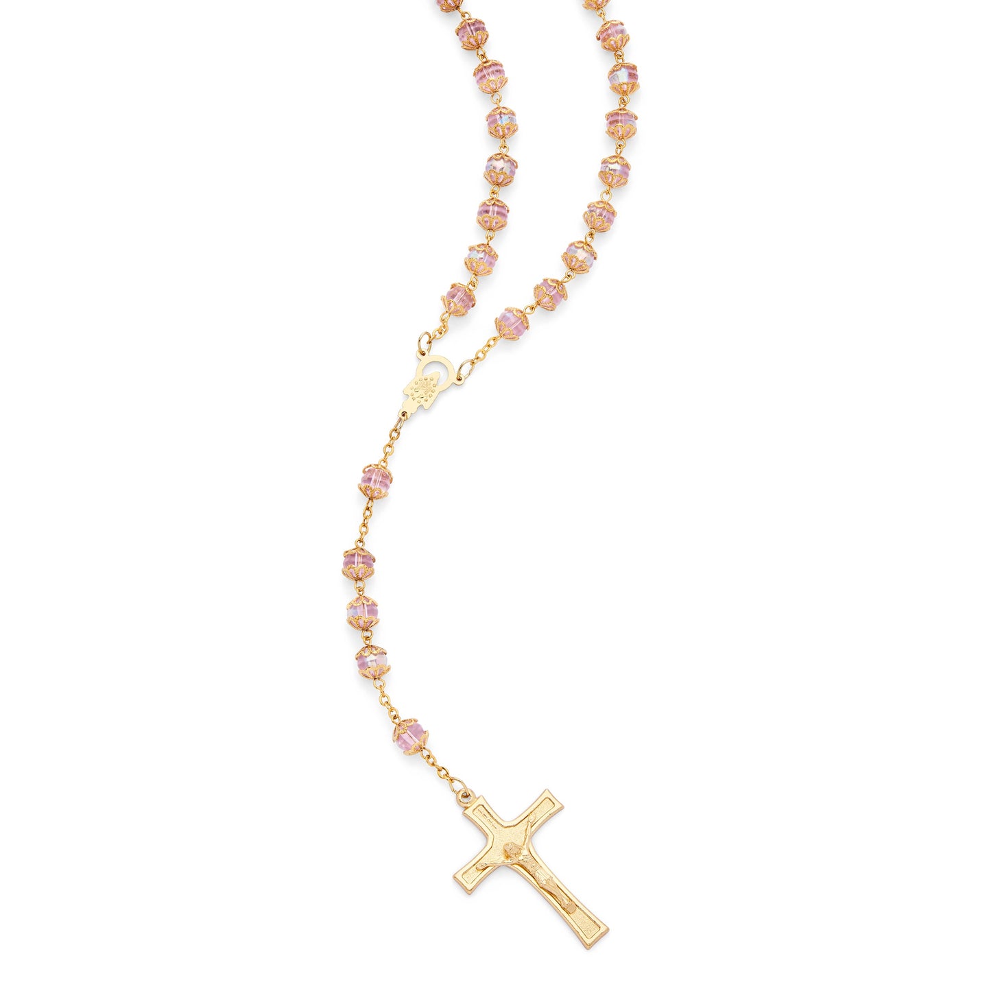 MONDO CATTOLICO ROMA Rosary 52 cm (20.47 in) / 72 cm (28.35 in) / 8 mm (0.31 in) Gold-Tone Metal Rosary with Pink Faceted Crystal Beads