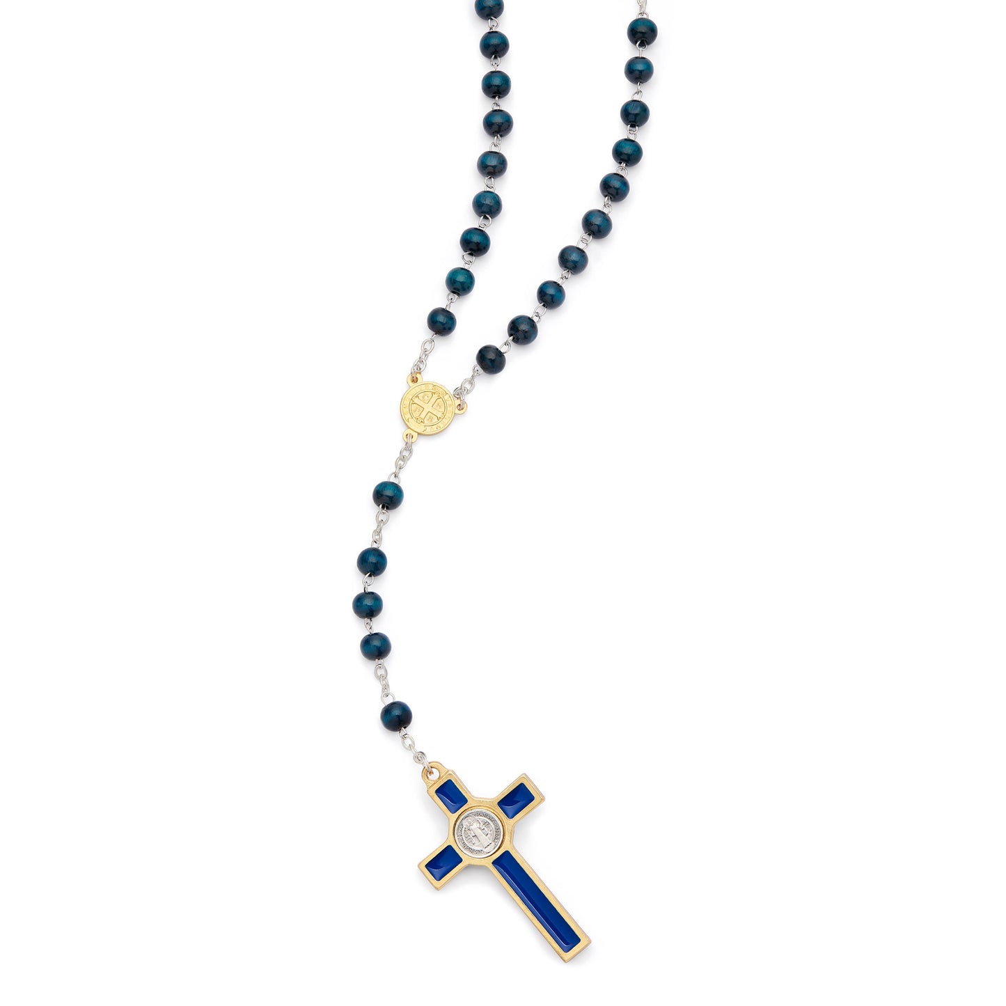 MONDO CATTOLICO ROMA Prayer Beads 48 cm (18.90 in) / 64 cm (25.20 in) / 6 mm (0.24 in) Gold-Tone Metal Saint Benedict Rosary with Blue Wood Beads and Enameled Crucifix