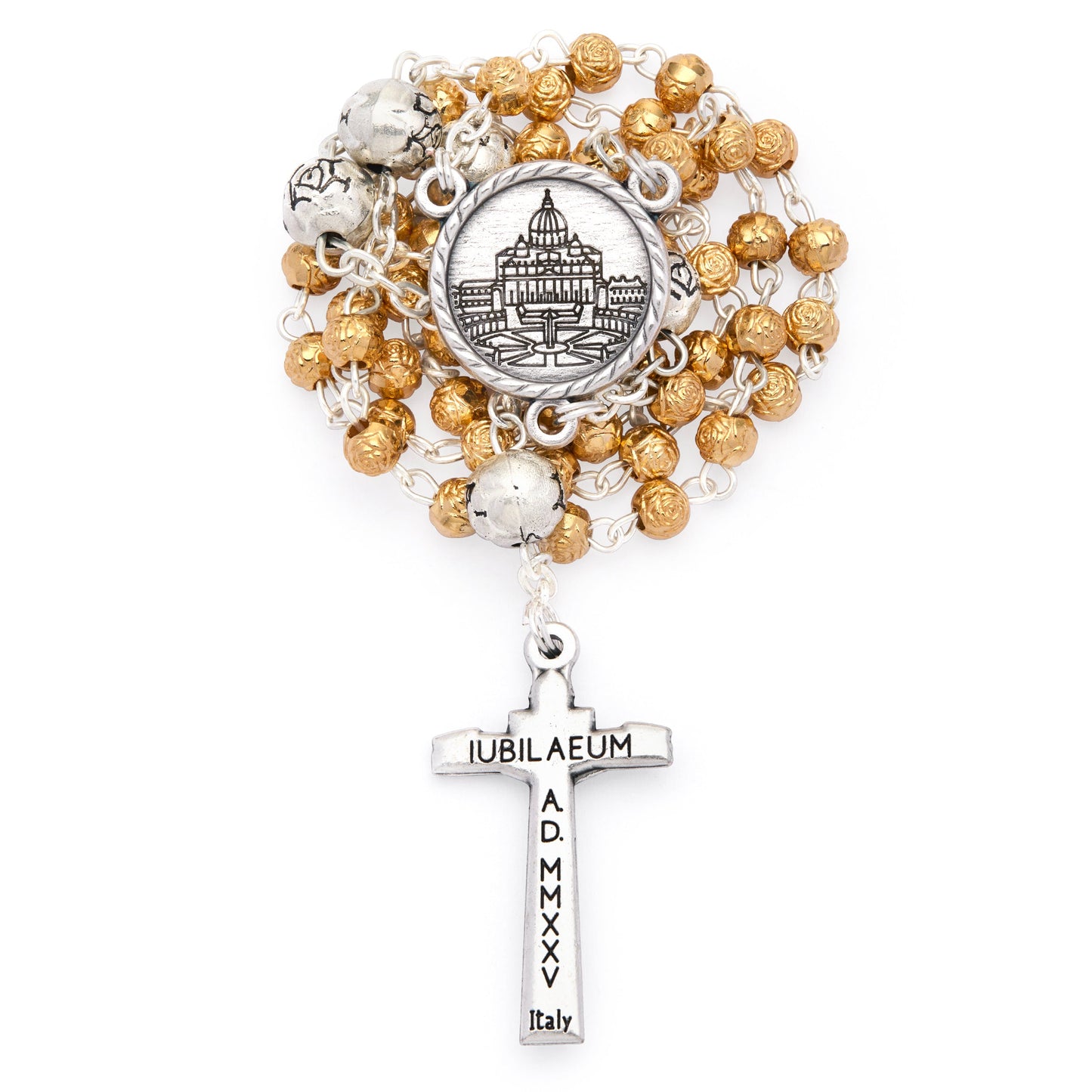 MONDO CATTOLICO ROMA Rosary Box 4x4.5 cm (1.57x1.77 in) / 4 mm (0.15 in) / 32 cm (12.6 in) Golden Jubilee 2025 Rosary Case and Rose-shaped Beads Rosary