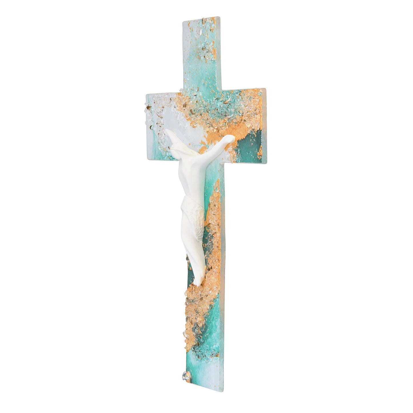 MONDO CATTOLICO ROMA Crucifix Green and Gold Murano Glass Crucifix with White Resin Corpus Modern Style