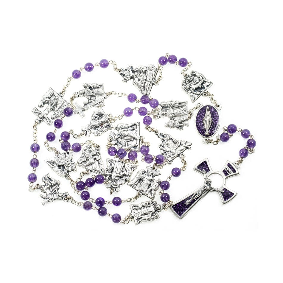 MONDO CATTOLICO Prayer Beads 70 cm (27.55 in) / 4 mm (0.15 in) Handmade Way of The Cross Amethyst Chaplet