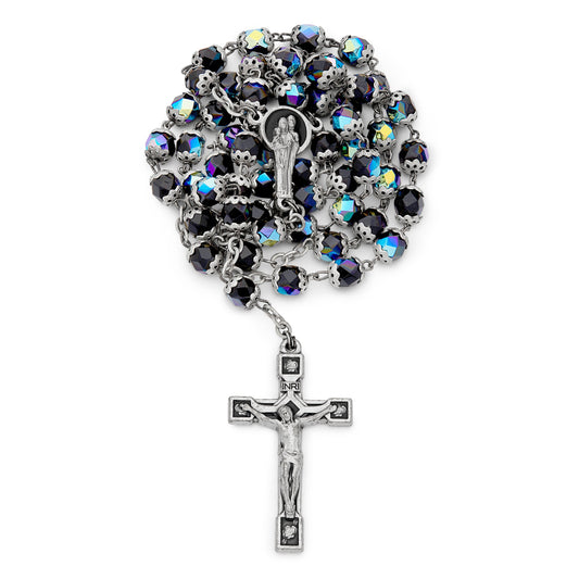 MONDO CATTOLICO Prayer Beads Holy Family Rosary in Black Faceted Crystal Beads