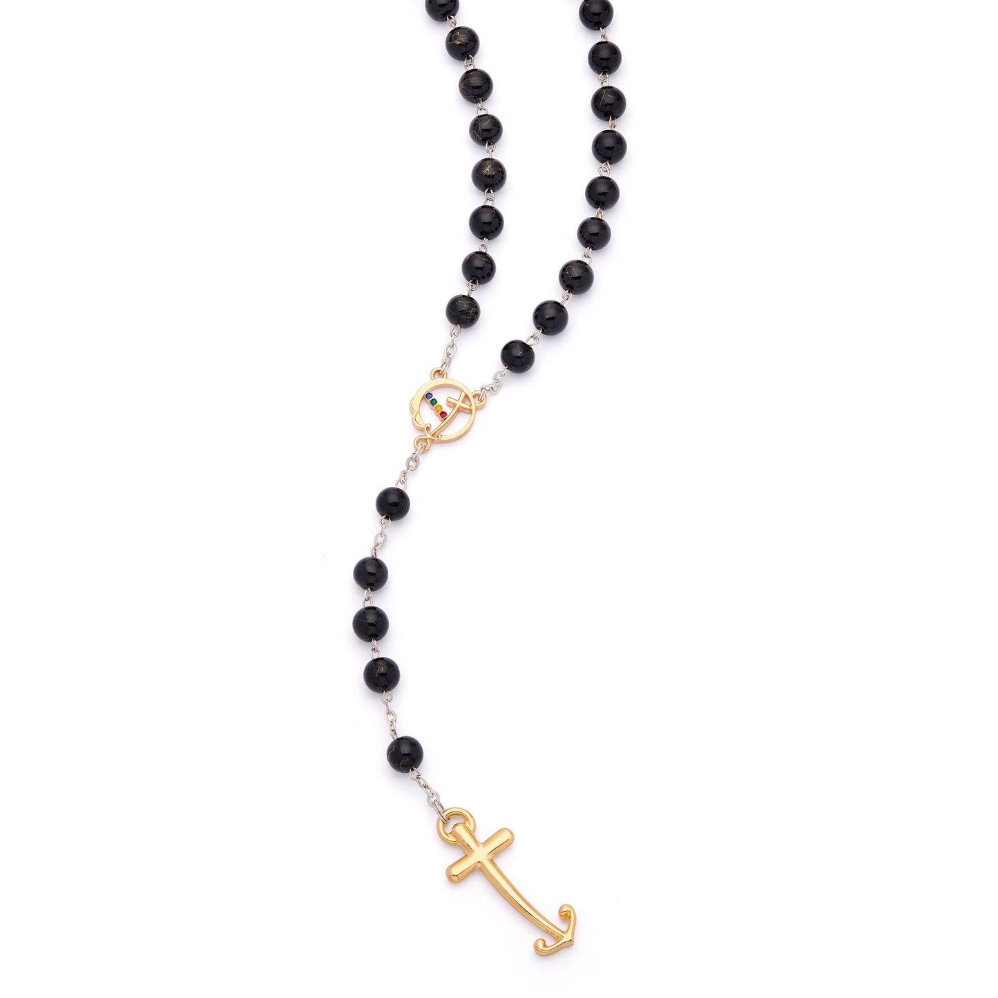 MONDO CATTOLICO ROMA Rosary 52 cm (20.47 in) / 72 cm (28.35 in) / 8 mm (0.31 in) Jubilee 2025 Gold-Tone Rosary with Black Glass Beads with Gold Veins and Anchor-Shaped Cross