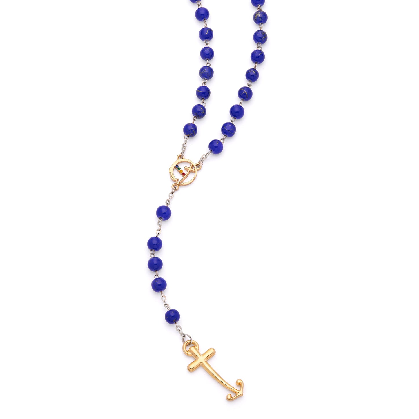 MONDO CATTOLICO ROMA Rosary 52 cm (20.47 in) / 72 cm (28.35 in) / 8 mm (0.31 in) Jubilee 2025 Gold-Tone Rosary with Blue Glass Beads with Gold Veins and Anchor-Shaped Cross