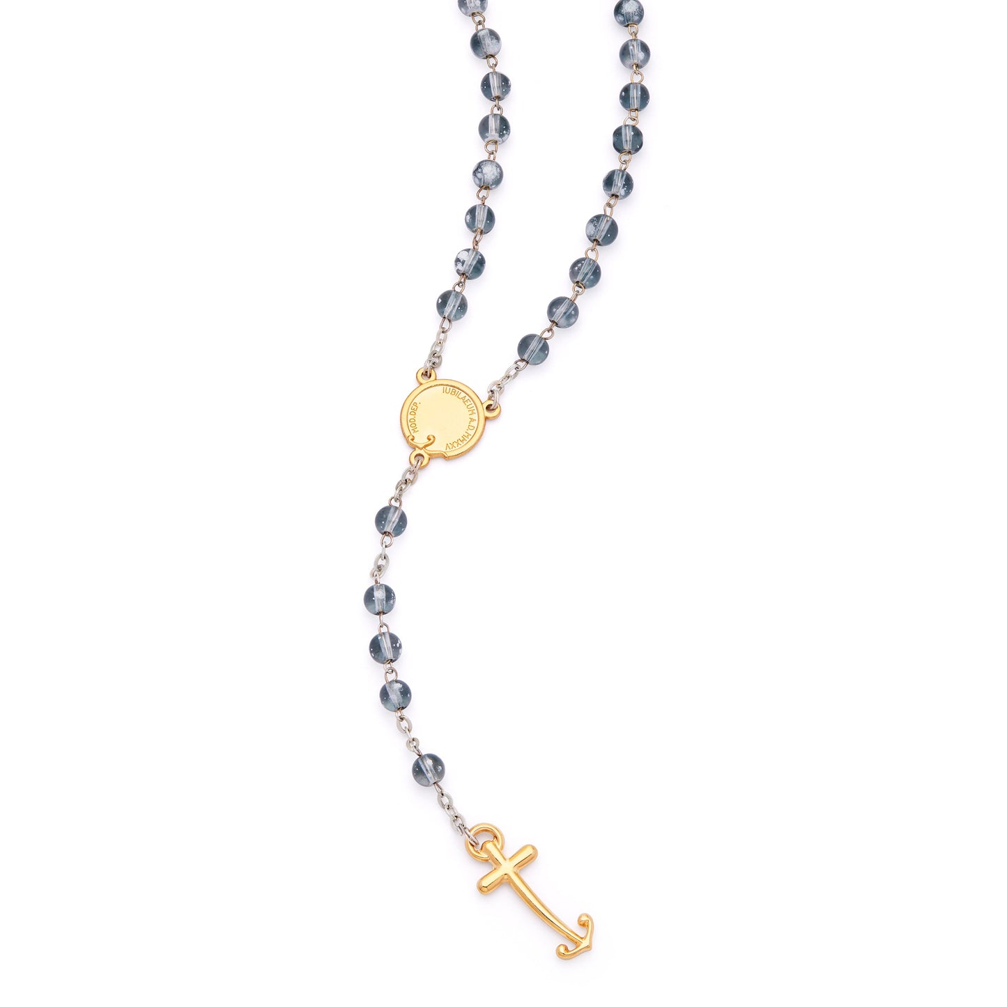 MONDO CATTOLICO ROMA Rosary 47 cm (18.50 in) / 66 cm (25.98 in) / 6 mm (0.24 in) Jubilee 2025 Gold-Tone Rosary with Clear Black Beads and Anchor-Shaped Cross