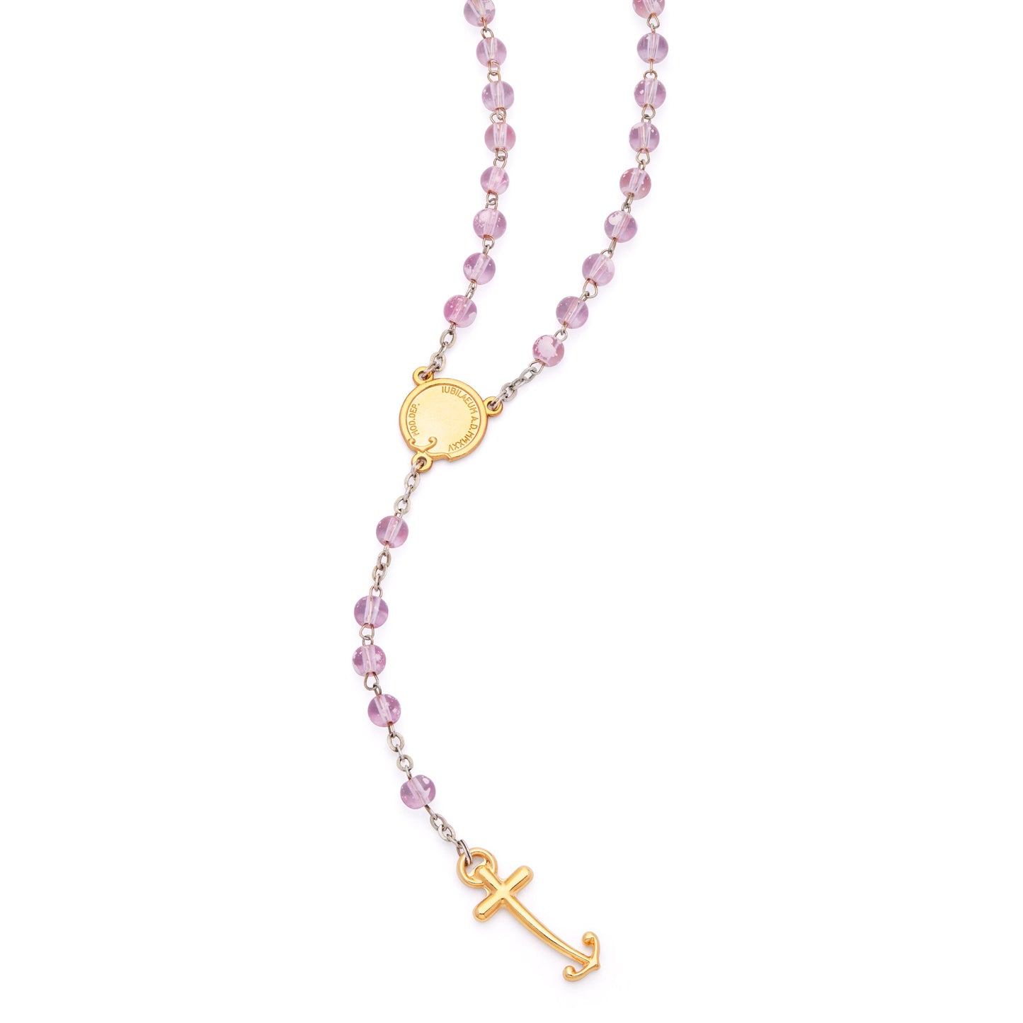 MONDO CATTOLICO ROMA Rosary 47 cm (18.50 in) / 66 cm (25.98 in) / 6 mm (0.24 in) Jubilee 2025 Gold-Tone Rosary with Clear Pink Beads and Anchor-Shaped Cross