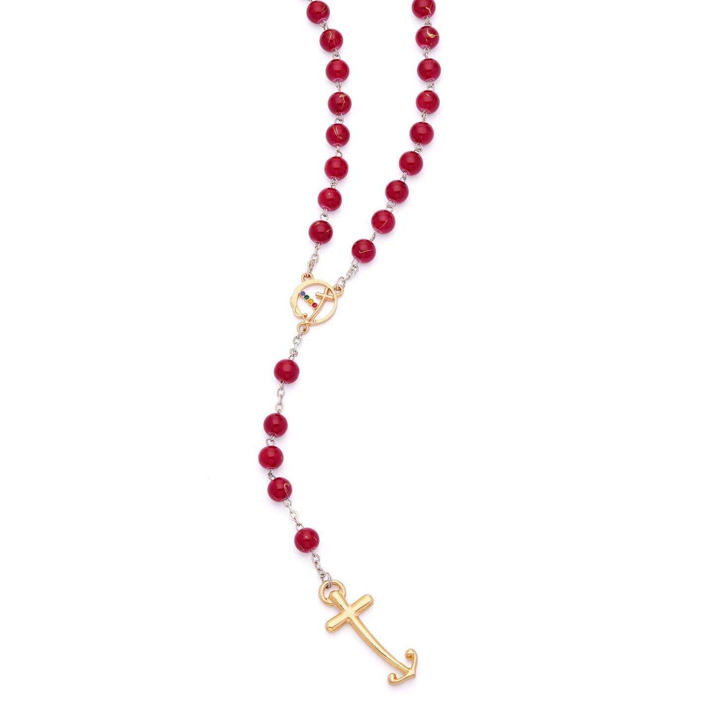MONDO CATTOLICO ROMA Rosary 52 cm (20.47 in) / 72 cm (28.35 in) / 8 mm (0.31 in) Jubilee 2025 Gold-Tone Rosary with Red Glass Beads with Gold Veins and Anchor-Shaped Cross