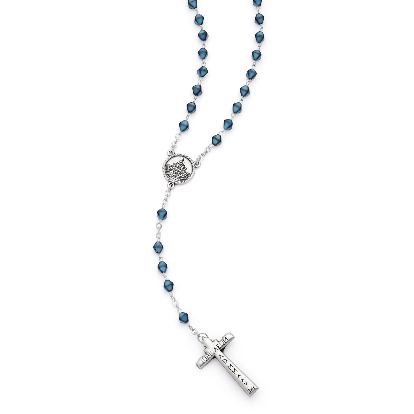 MONDO CATTOLICO ROMA Rosary 46 cm (18.11 in) / 65 cm (25.59 in) / 6 mm (0.24 in) Jubilee 2025 Metal Rosary with Light Blue Hexagonal Beads