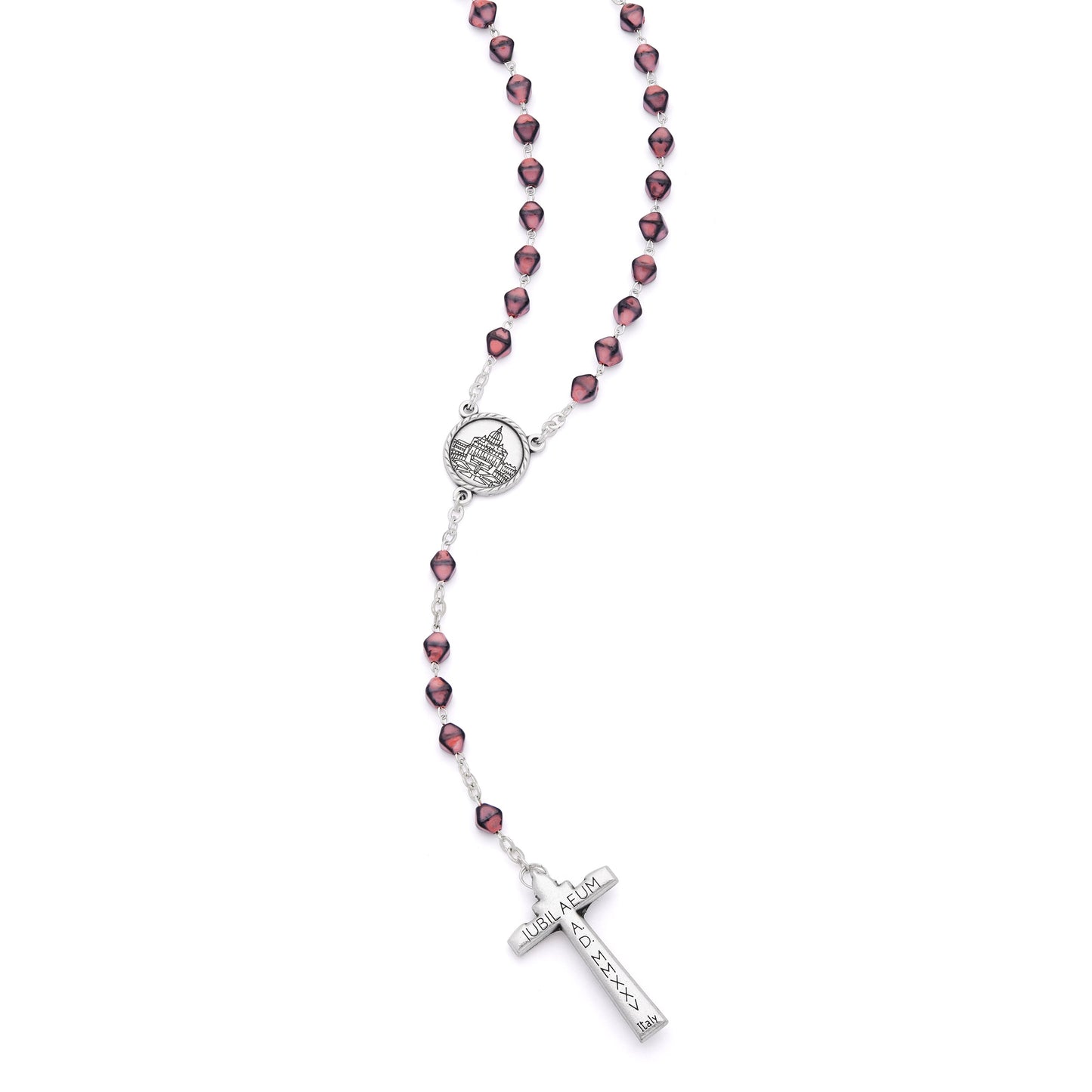 MONDO CATTOLICO ROMA Rosary 46 cm (18.11 in) / 65 cm (25.59 in) / 6 mm (0.24 in) Jubilee 2025 Metal Rosary with Pink Hexagonal Beads