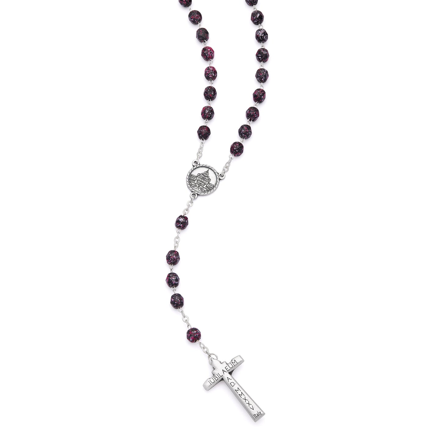 Mondo Cattolico Rosary 50 cm (19.69 in) / 70 cm (27.56 in) / 8 mm (0.31 in) Jubilee 2025 Rosary with Black Beads with Pink Speckles