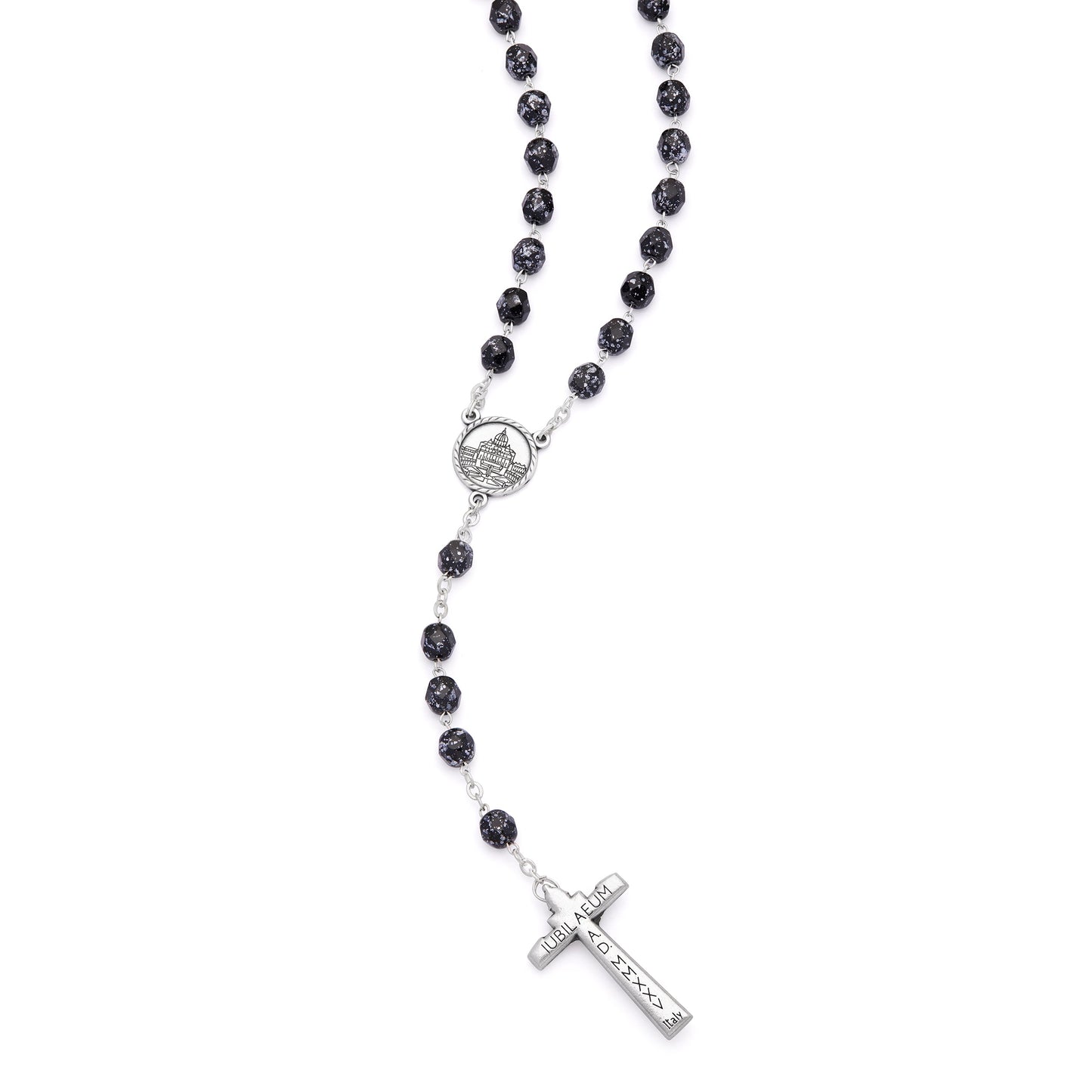 Mondo Cattolico Rosary 50 cm (19.69 in) / 70 cm (27.56 in) / 8 mm (0.31 in) Jubilee 2025 Rosary with Black Beads with White Speckles