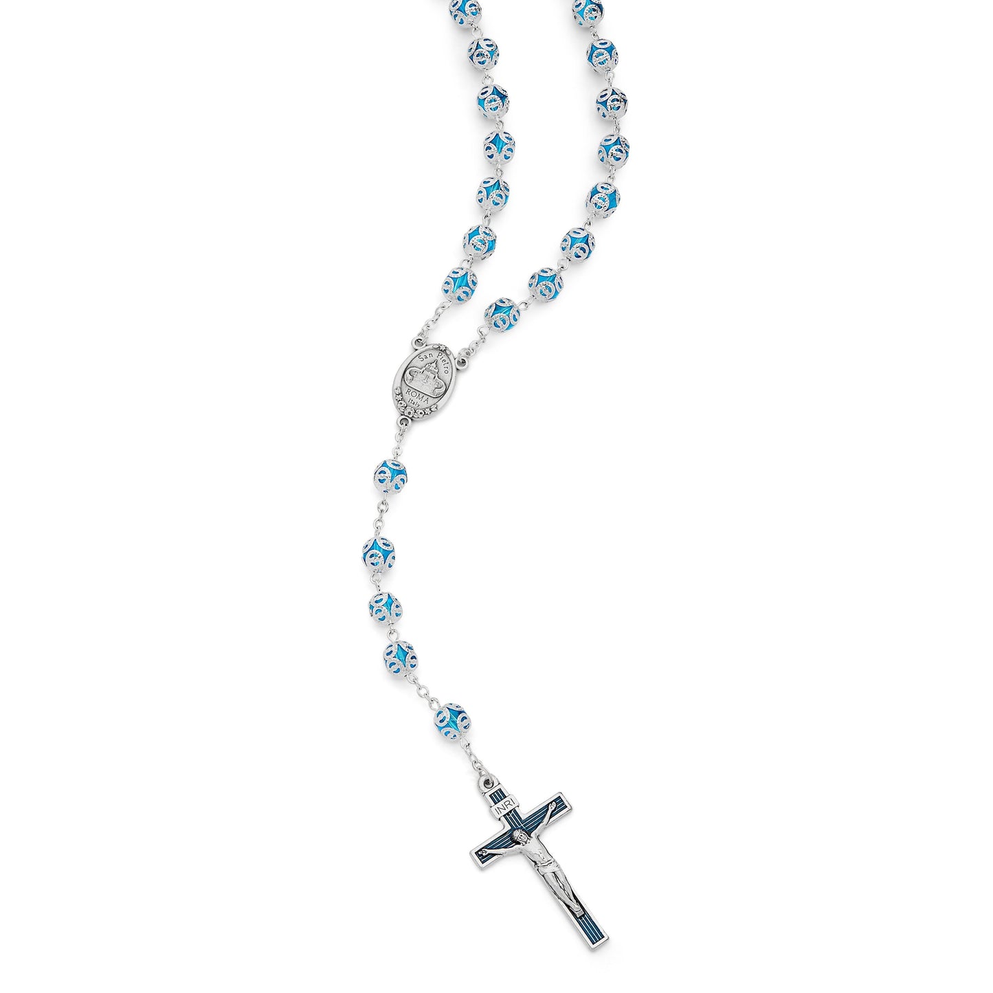 MONDO CATTOLICO Prayer Beads 62 Cm (24.5 in / 8 mm (0.3 in) Light Blue Glass Capped Beads Rosary