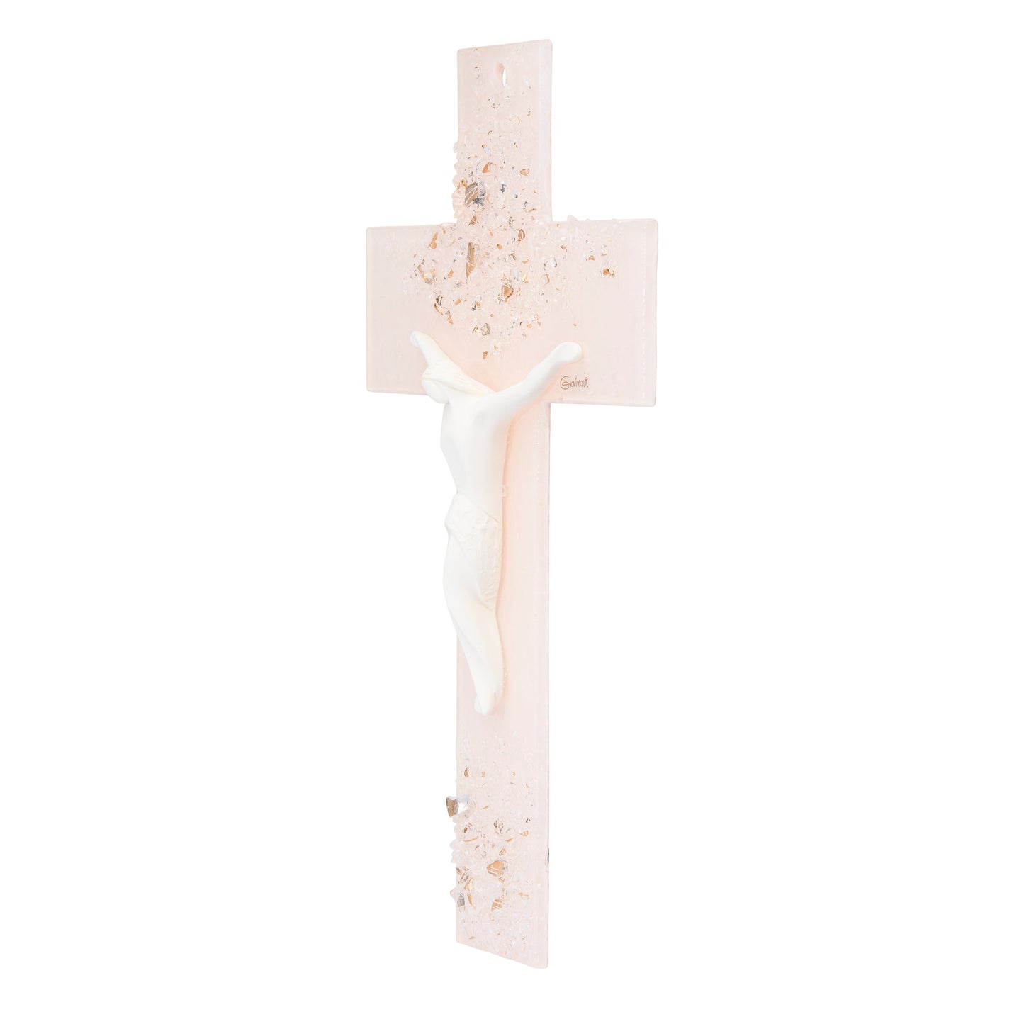 MONDO CATTOLICO ROMA Crucifix 21 cm (8.27 in) Light Pink Murano Glass Crucifix with White Resin Corpus Modern Style
