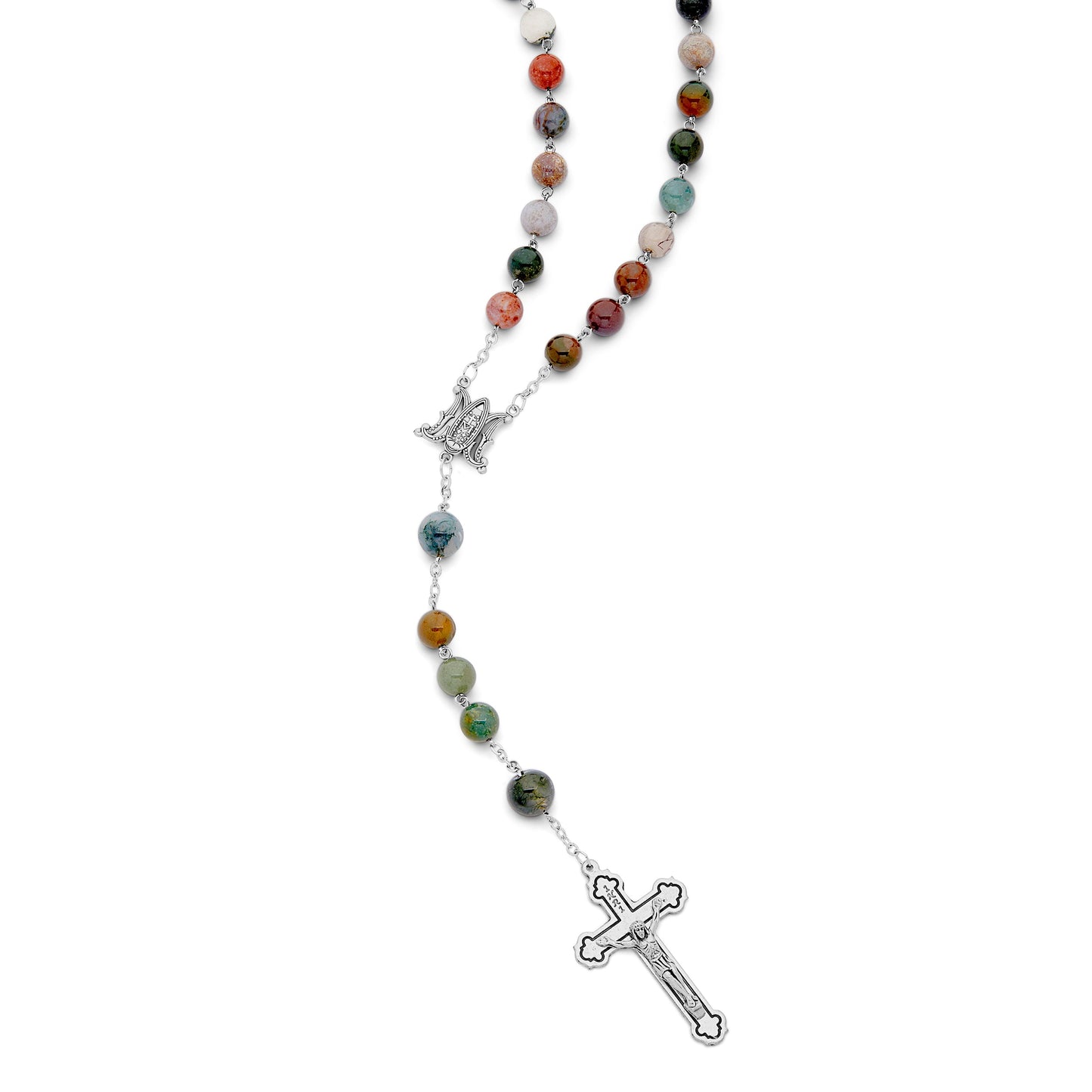 MONDO CATTOLICO ROMA Rosary 56 cm (22.05 in) / 78 cm (30.71 in) / 8 mm (0.31 in) Metal Rosary with Indian Agate Beads