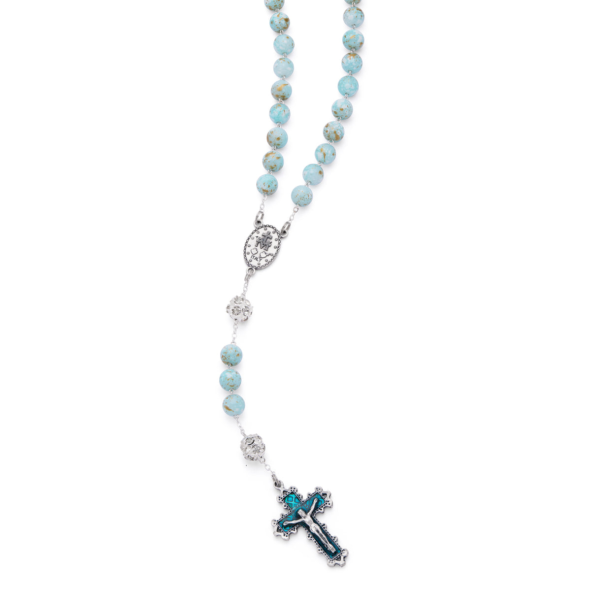 MONDO CATTOLICO ROMA Rosary 56 cm (22.05 in) / 74 cm (29.13 in) / 10 mm (0.39 in) Metal Rosary with Light Blue Marble Effect Beads and Rhinestone Beads