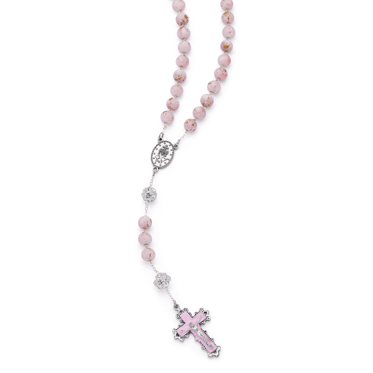 MONDO CATTOLICO ROMA Rosary 56 cm (22.05 in) / 74 cm (29.13 in) / 10 mm (0.39 in) Metal Rosary with Light Pink Marble Effect Beads and Rhinestone Beads