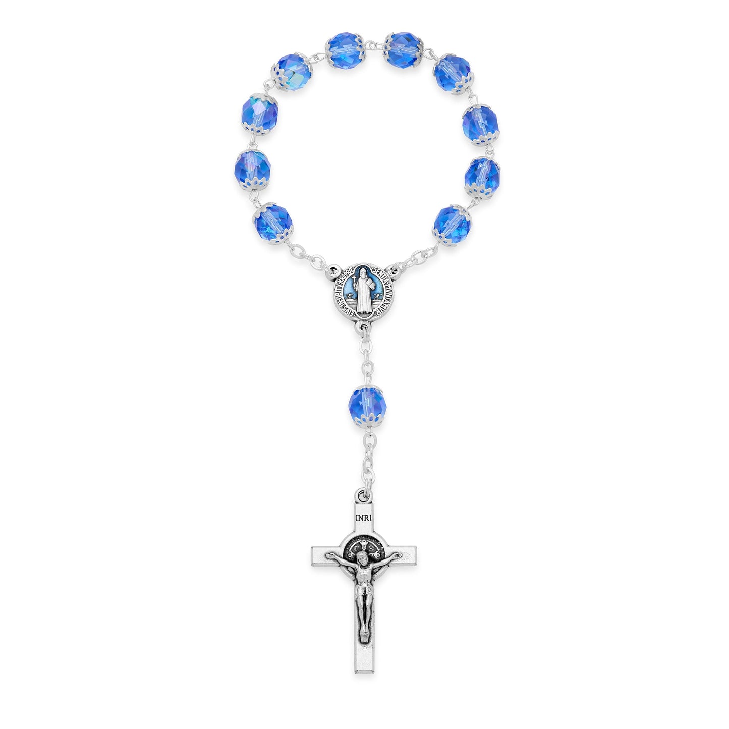 MONDO CATTOLICO Prayer Beads 8 mm (0.31 in) Metal St. Benedict Decade Rosary With Sapphire Tangled Beads