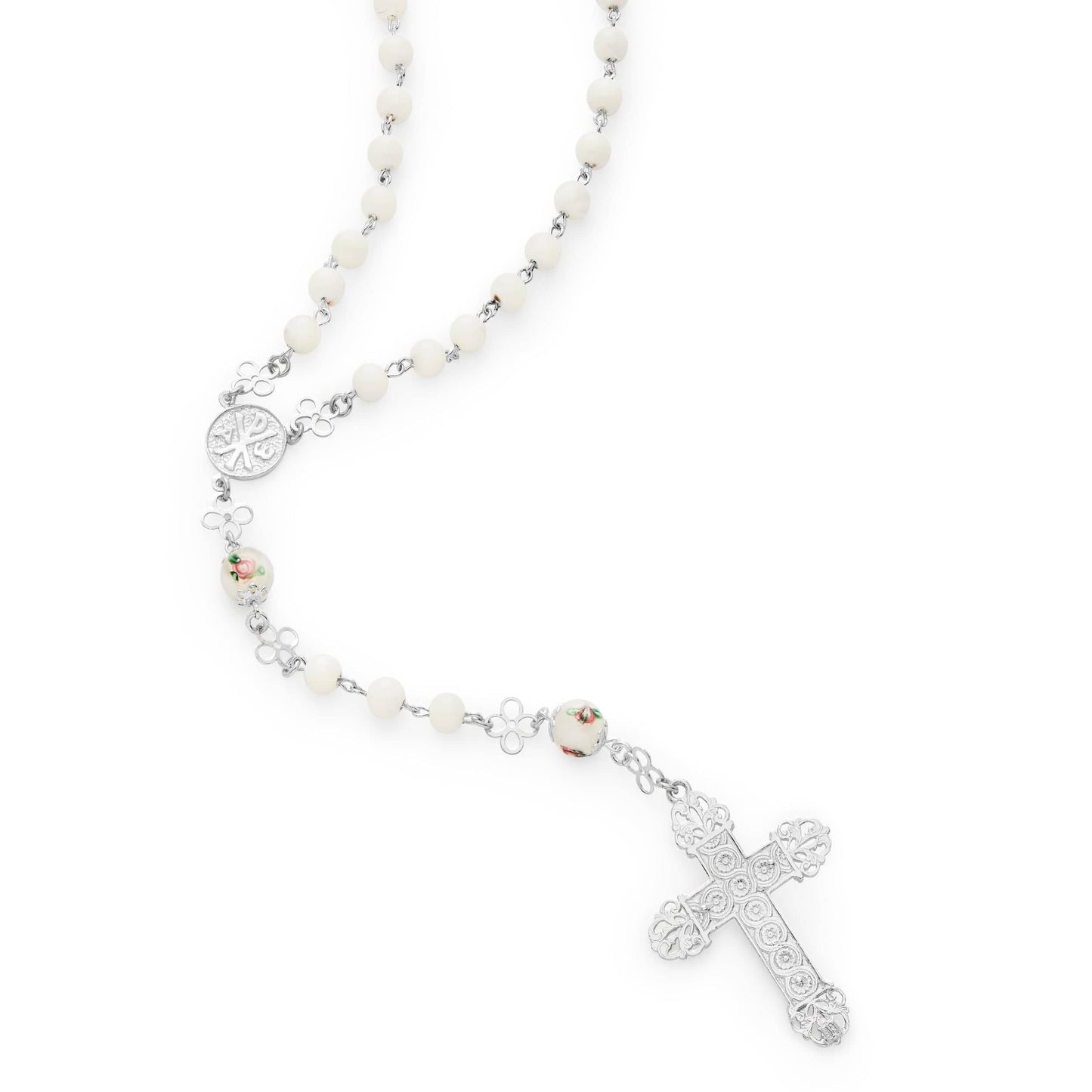 MONDO CATTOLICO Prayer Beads 51 Cm (20.07 in) / 6 mm (0.23 in) Mother of Pearl Sterling Silver Rosary