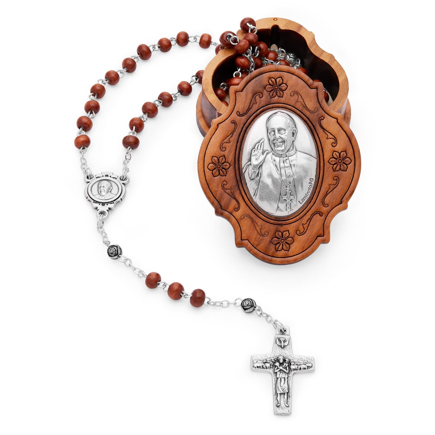 MONDO CATTOLICO Prayer Beads 38 cm (15 in) / 4 mm (0.15 in) Olive Wood Case and Rosary of Pope Francis