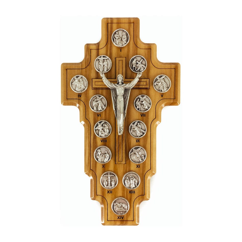 MONDO CATTOLICO 12 cm (4.72 in) Olive Wood Risen Christ Crucifix With Via Crucis and Outline