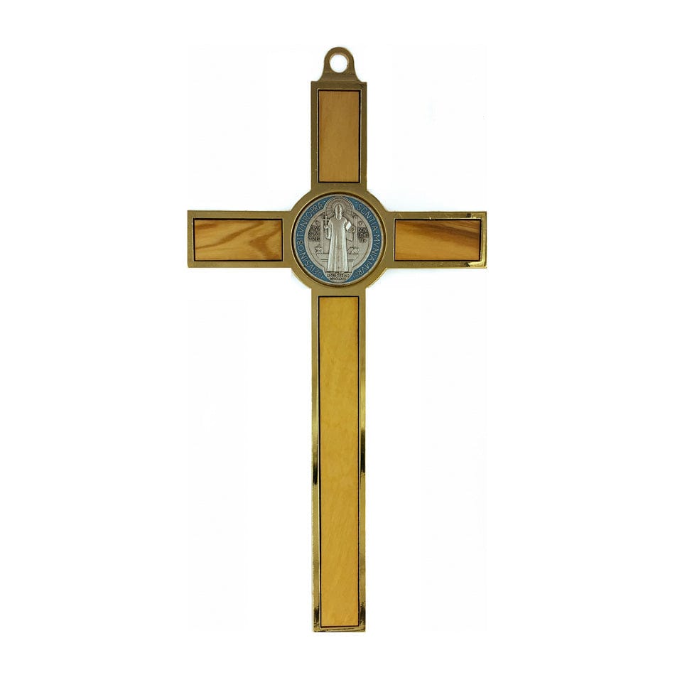 MONDO CATTOLICO 19 cm (7.48 in) Olive Wood St. Benedict Crucifix With Colorful Medal and Gold Metal Outline
