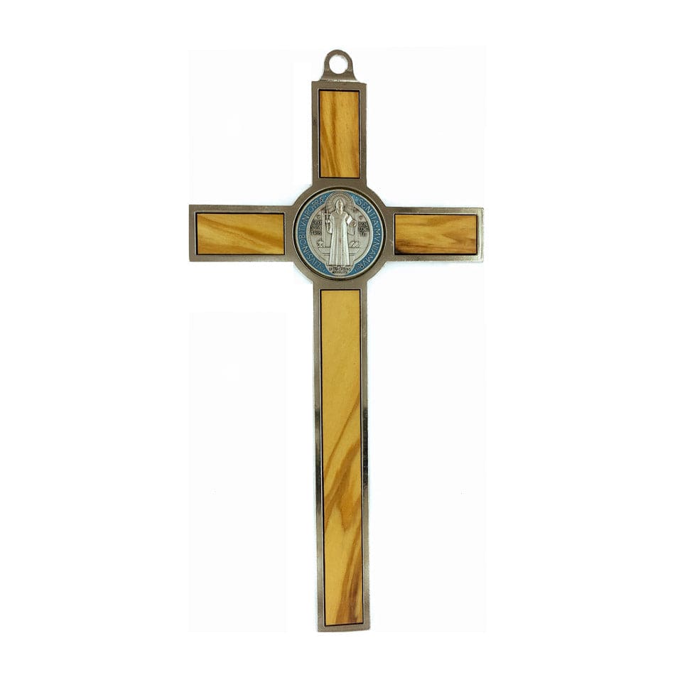 MONDO CATTOLICO 19 cm (7.48 in) Olive Wood St. Benedict Crucifix With Colorful Medal and Metal Outline