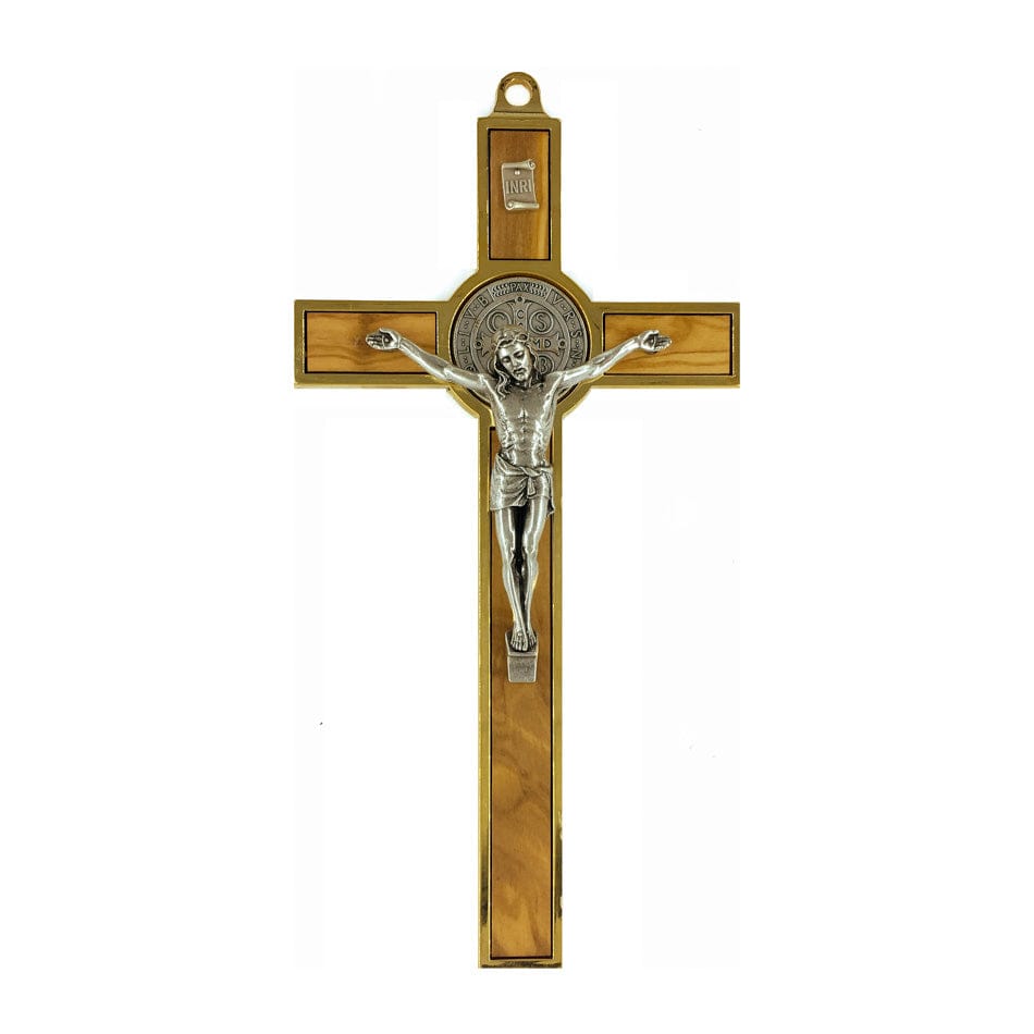 MONDO CATTOLICO Olive Wood St. Benedict Crucifix With Gold Metal Outline