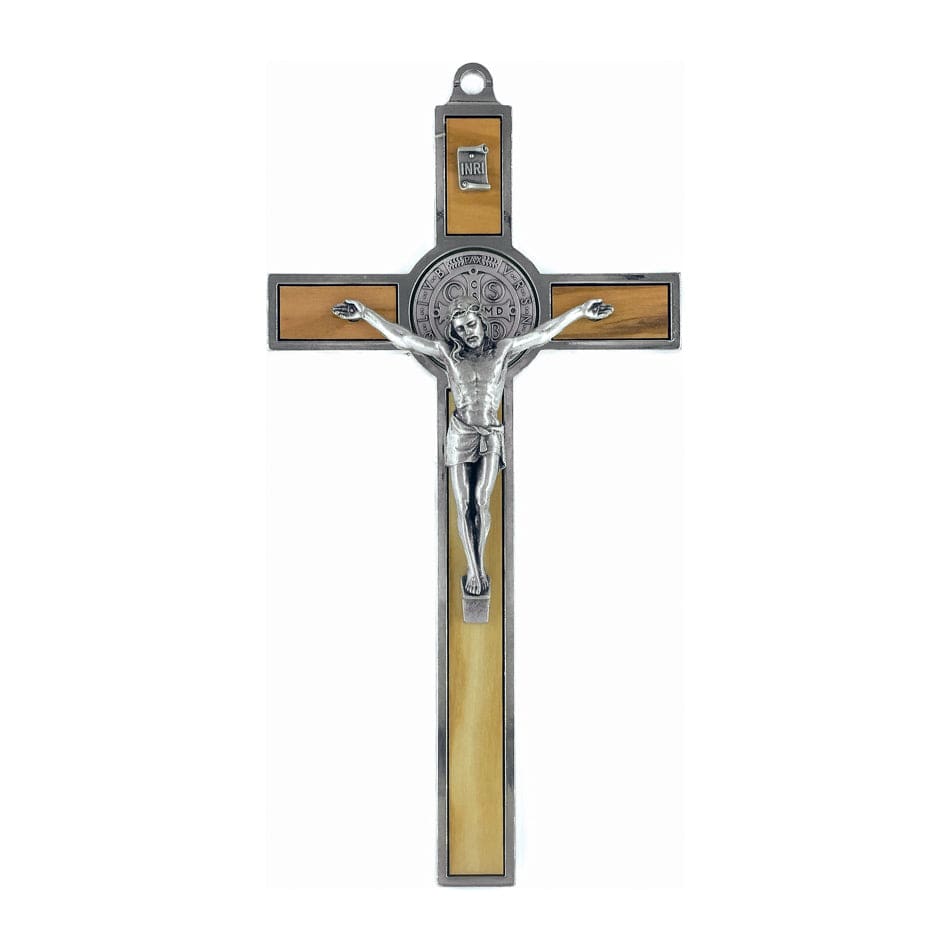 MONDO CATTOLICO Olive Wood St. Benedict Crucifix With Metal Outline