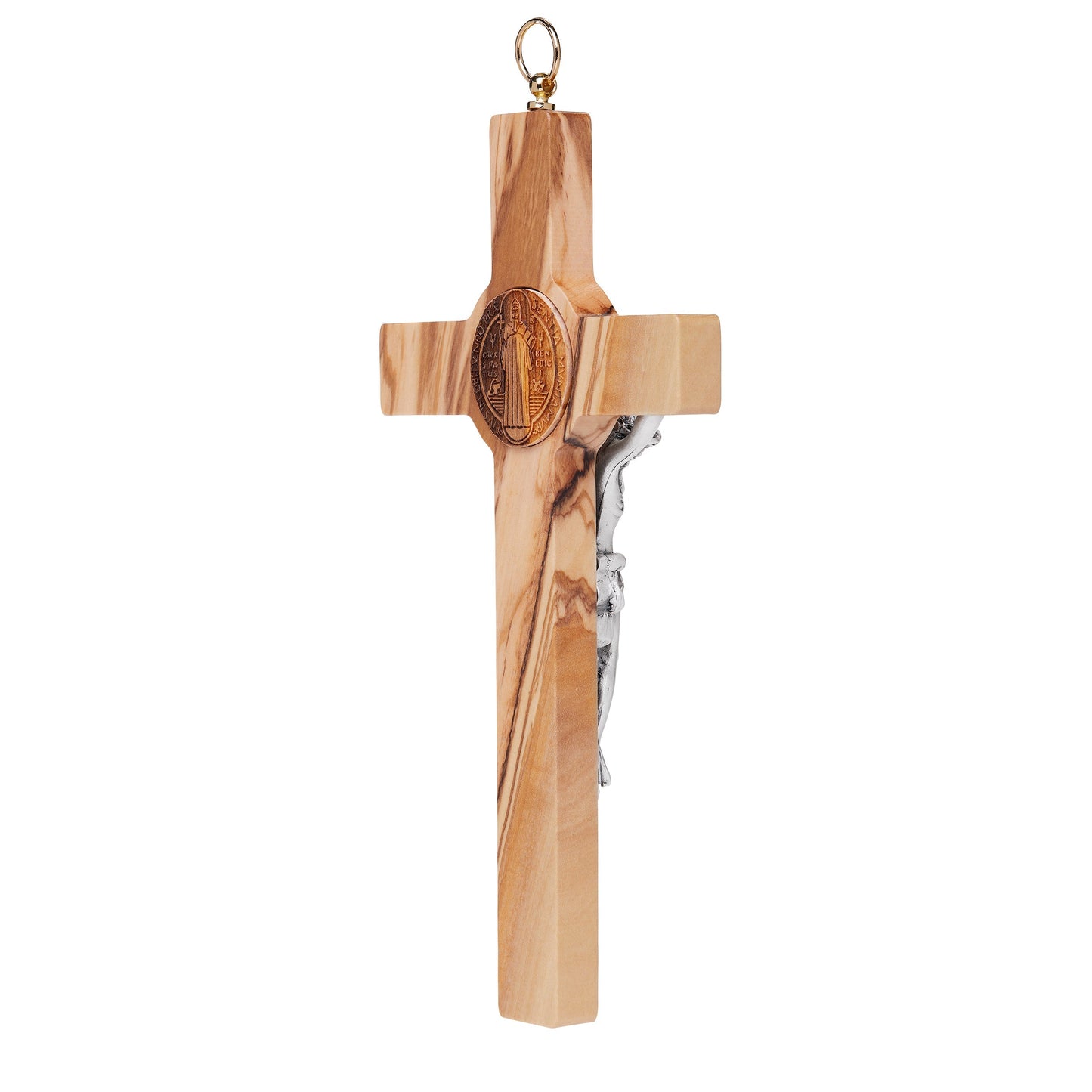 MONDO CATTOLICO 20 cm (7.85 in) Olive Wood St. Benedict Crucifix With Wood Medal and Light Outline