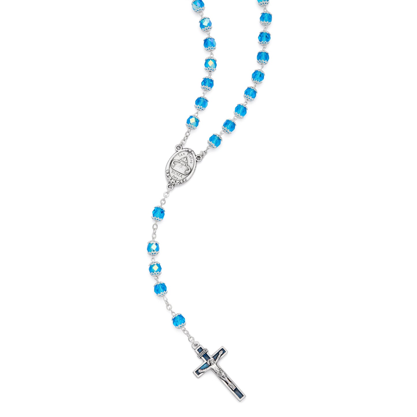 MONDO CATTOLICO ROMA Rosary 52 cm (20.47 in) / 72 cm (28.35 in) / 6 mm (0.24 in) Our Lady of Health Rosary with Light Blue Faceted Crystal Beads