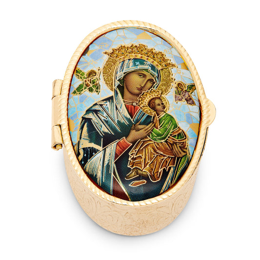 Mondo Cattolico Pill Box Oval Pill Box in Golden Metal of Our Lady of Perpetual Help