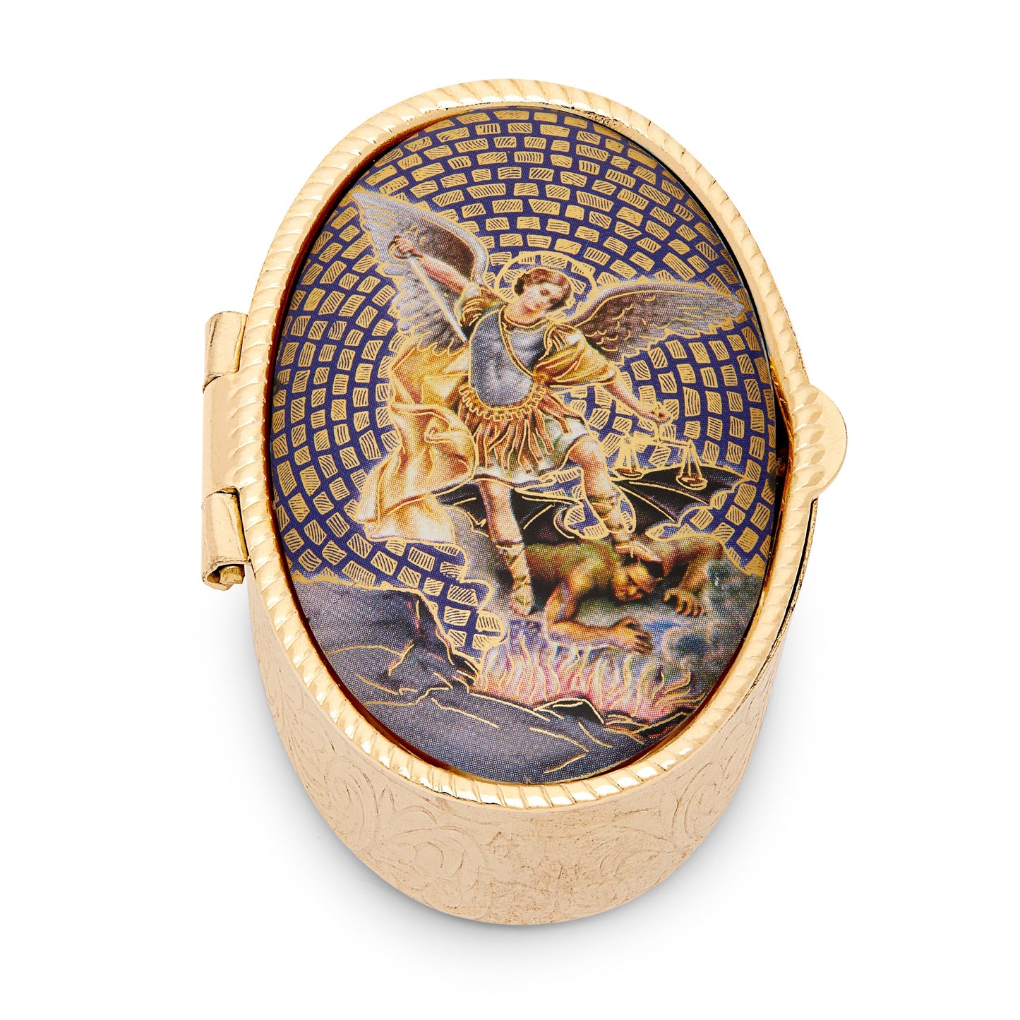 Mondo Cattolico Pill Box Oval Pill Box in Golden Metal of St. Michael